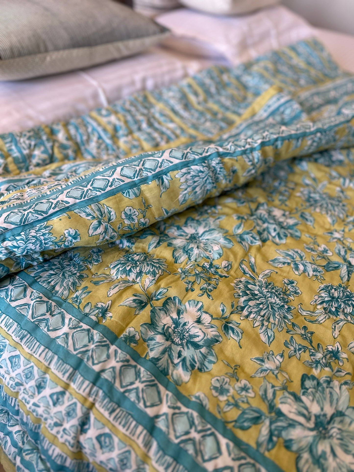 Reversible Hand Print Quilt | Single Size 60*90 Inches | Garden Whispers