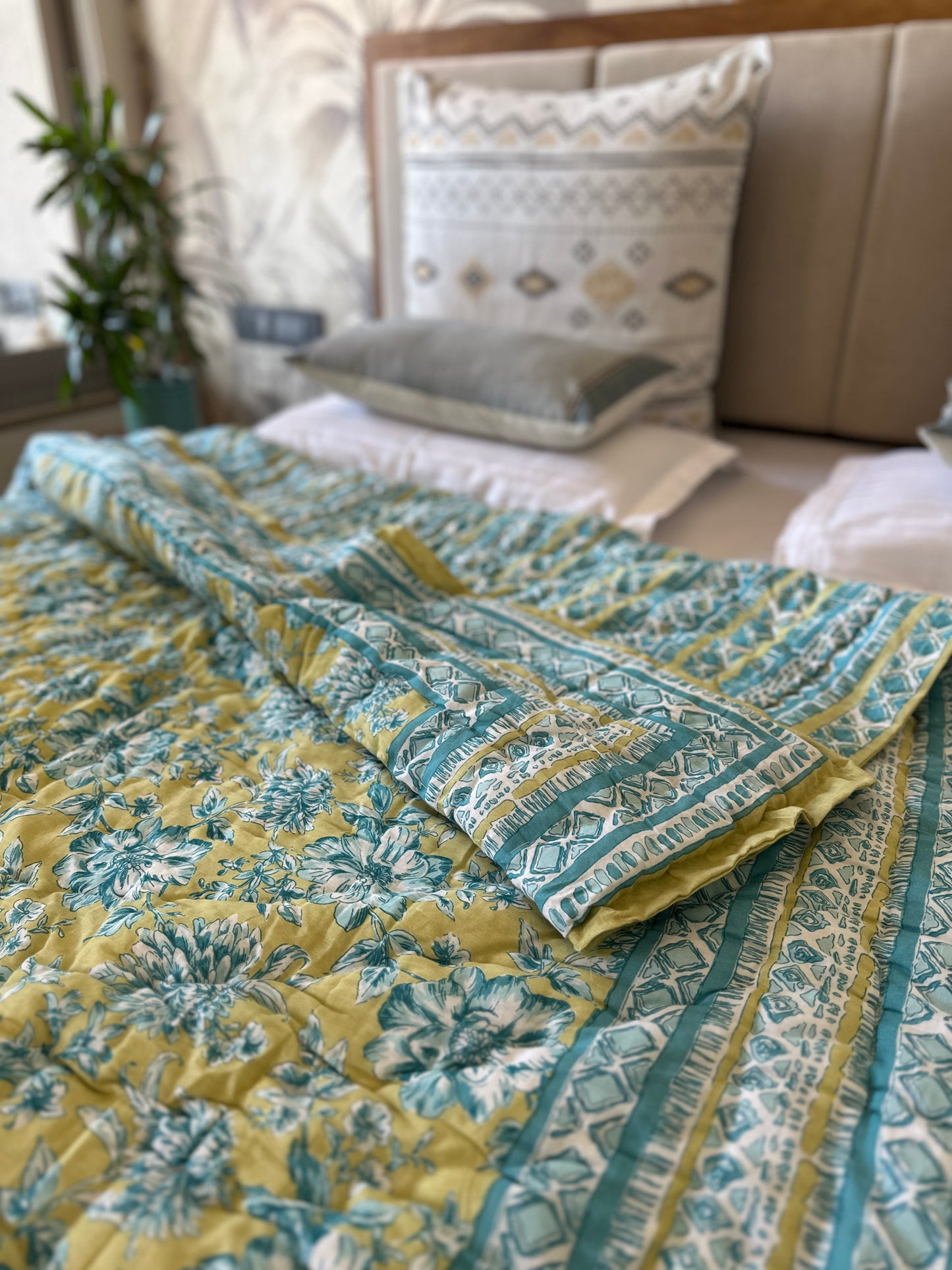 Reversible Hand Print Quilt | Single Size 60*90 Inches | Garden Whispers