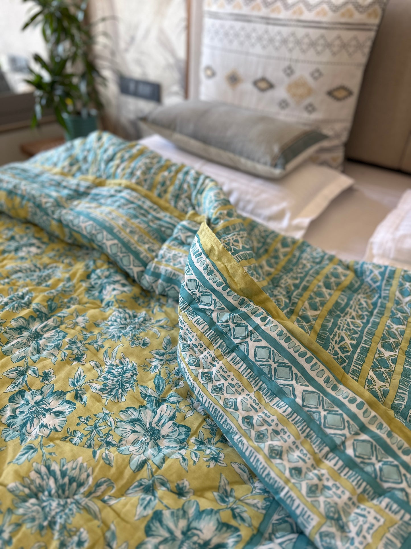 Reversible Hand Print Quilt | Single Size 60*90 Inches | Garden Whispers