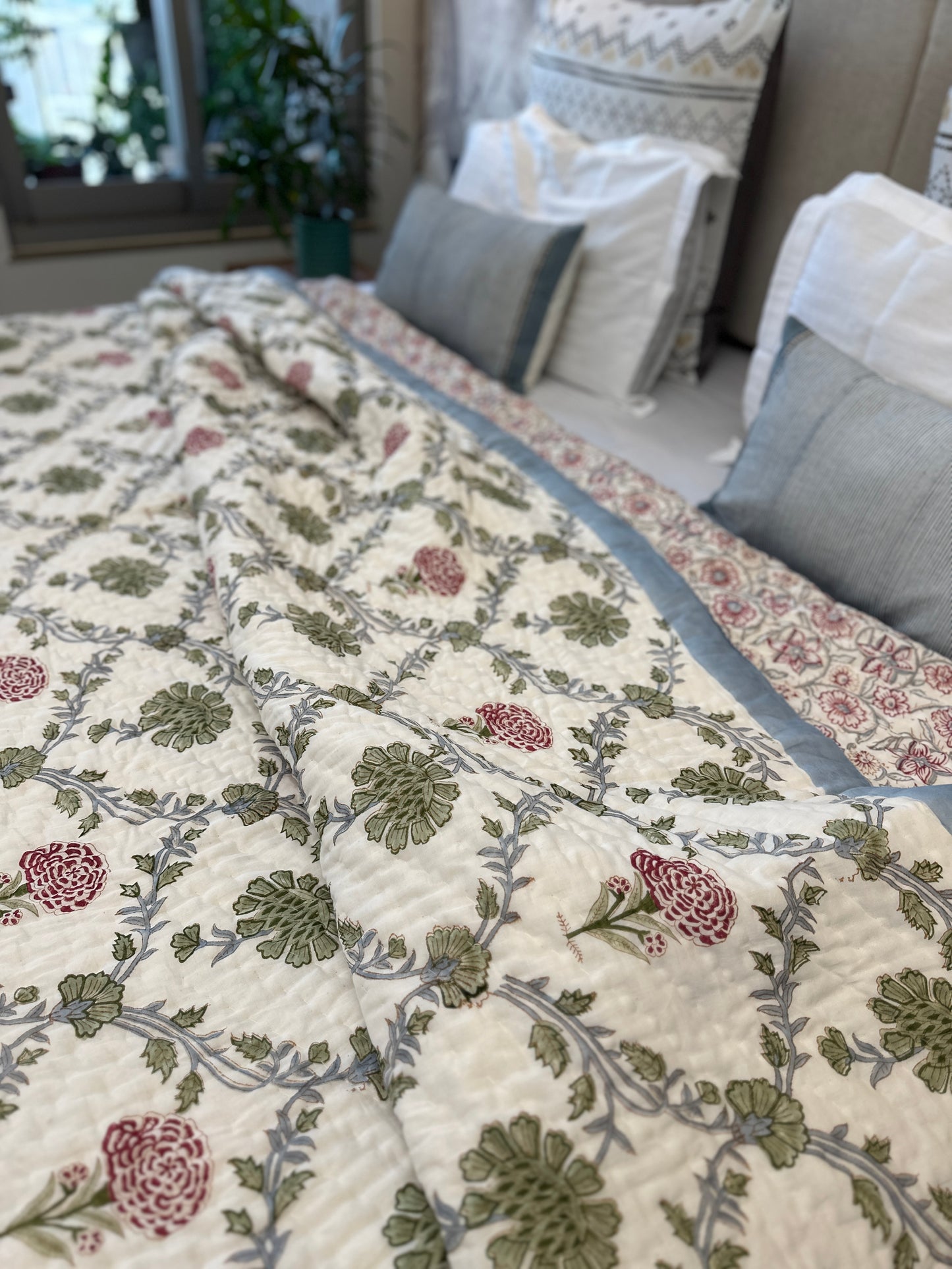 Reversible Hand Block Quilt | Floral Cascade