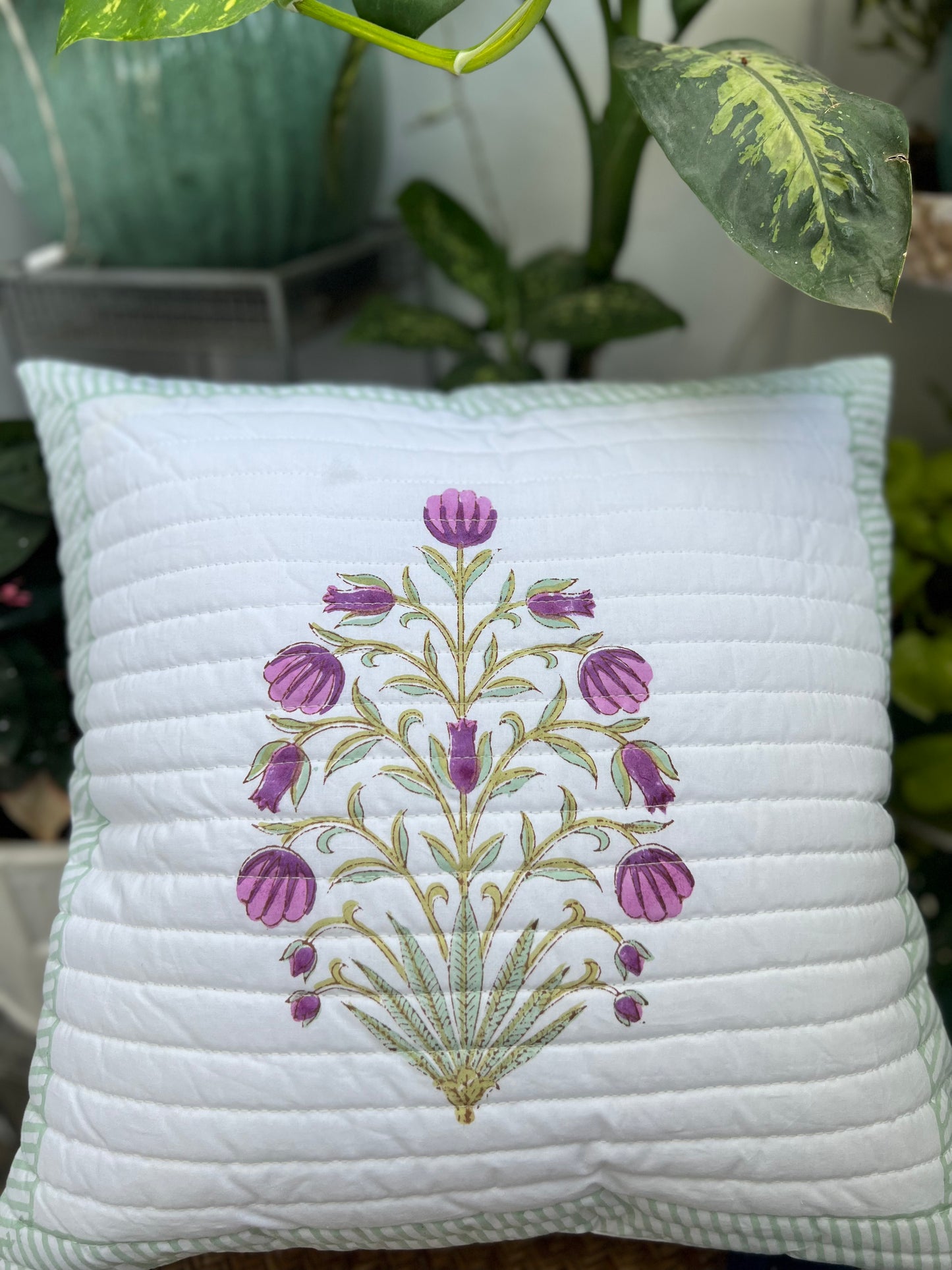 Quilted Cushion Cover | 16*16 Inches | Mystic Meadows