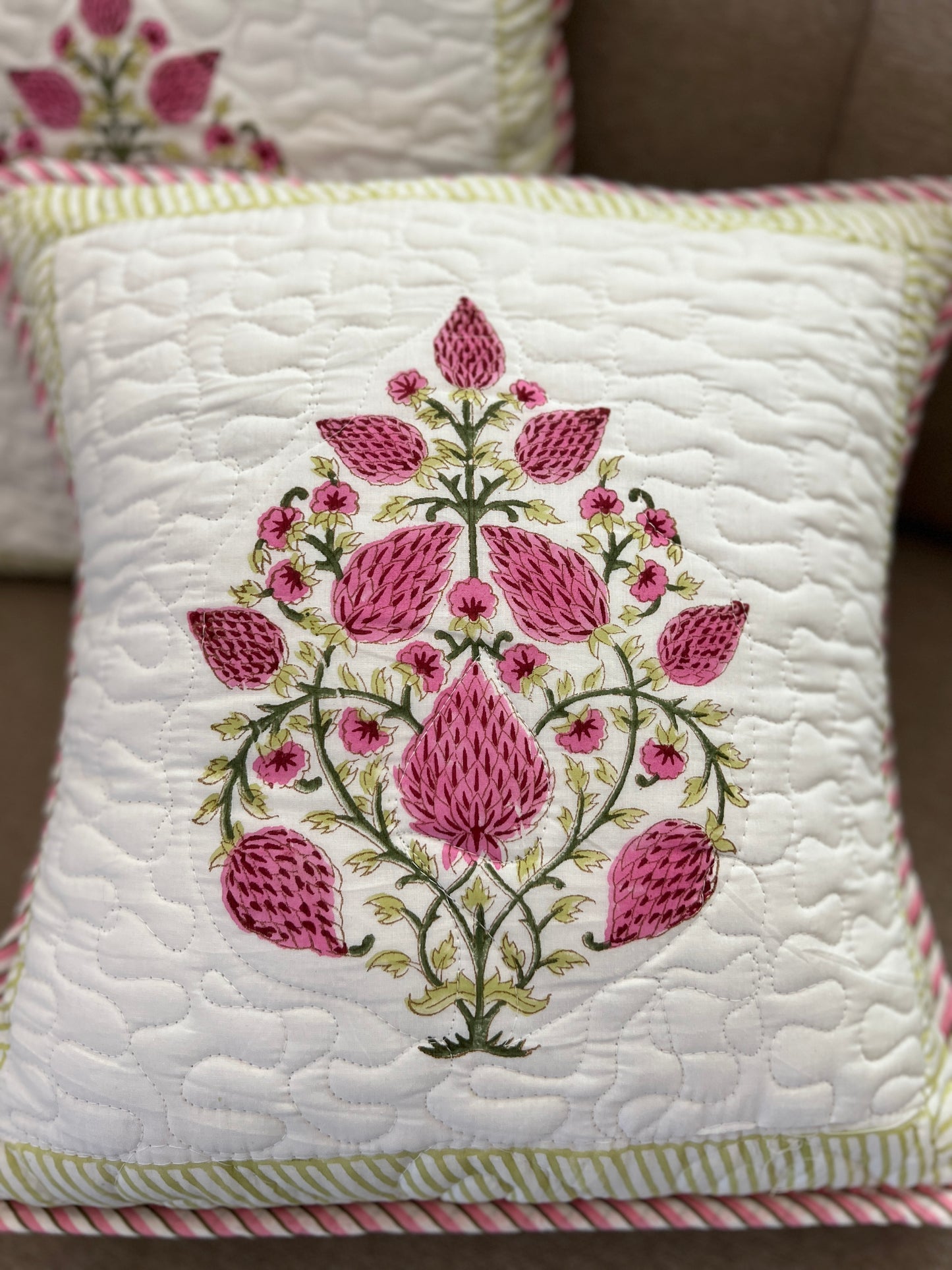 Pair |  Quilted Cushion Cover | 16*16 Inches | Jaipur Block
