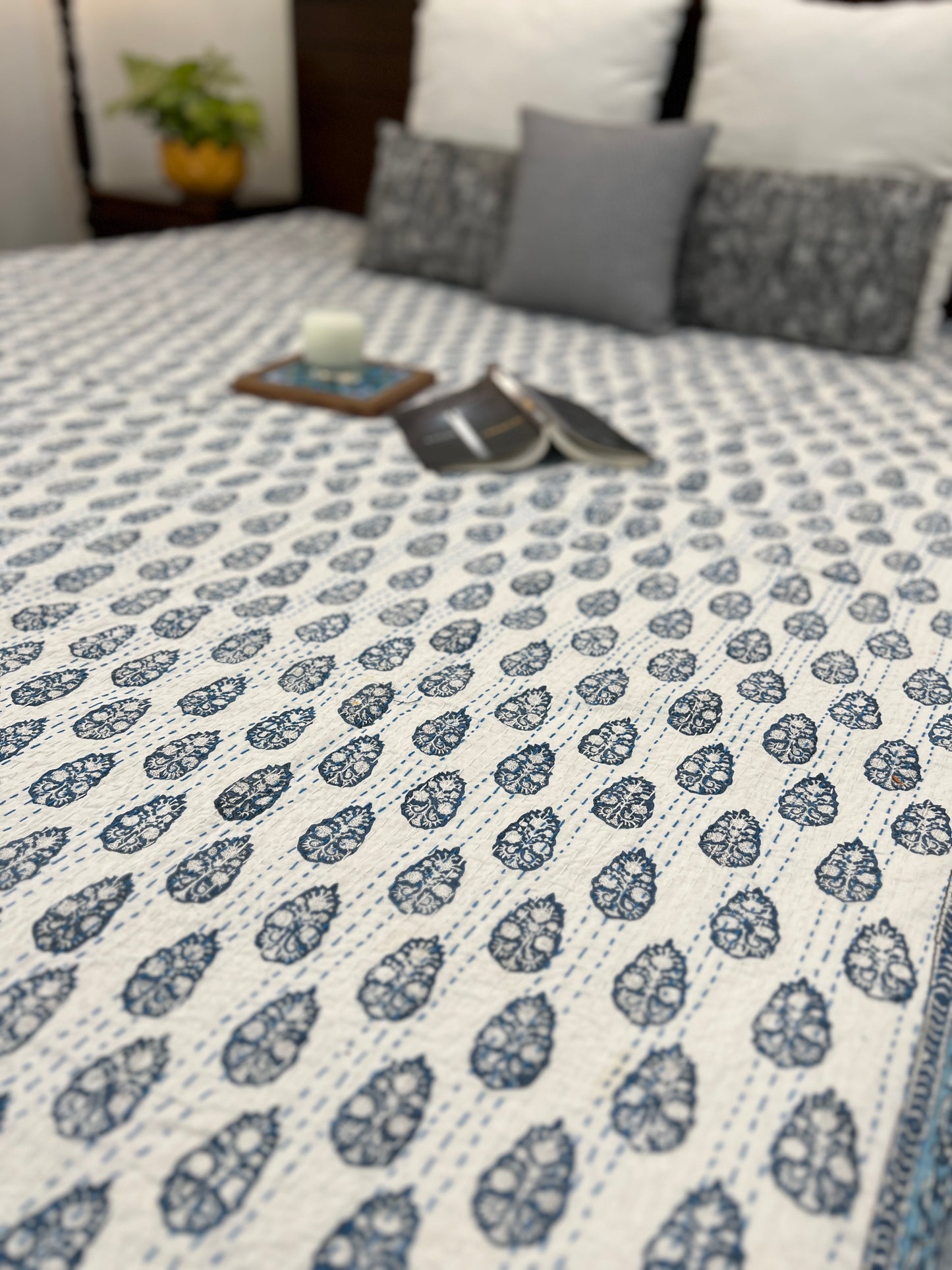 Hand Block Kantha Bedcover | King Size | 90*108 Inches | Contemporary Elegance