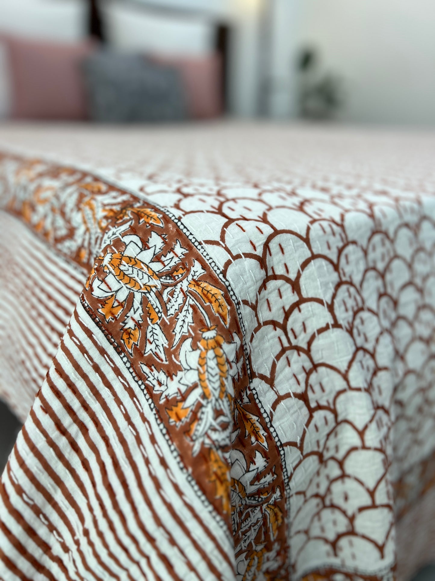 Hand Block Kantha Bedcover | King Size | 90*108 Inches | Modern Simplicity