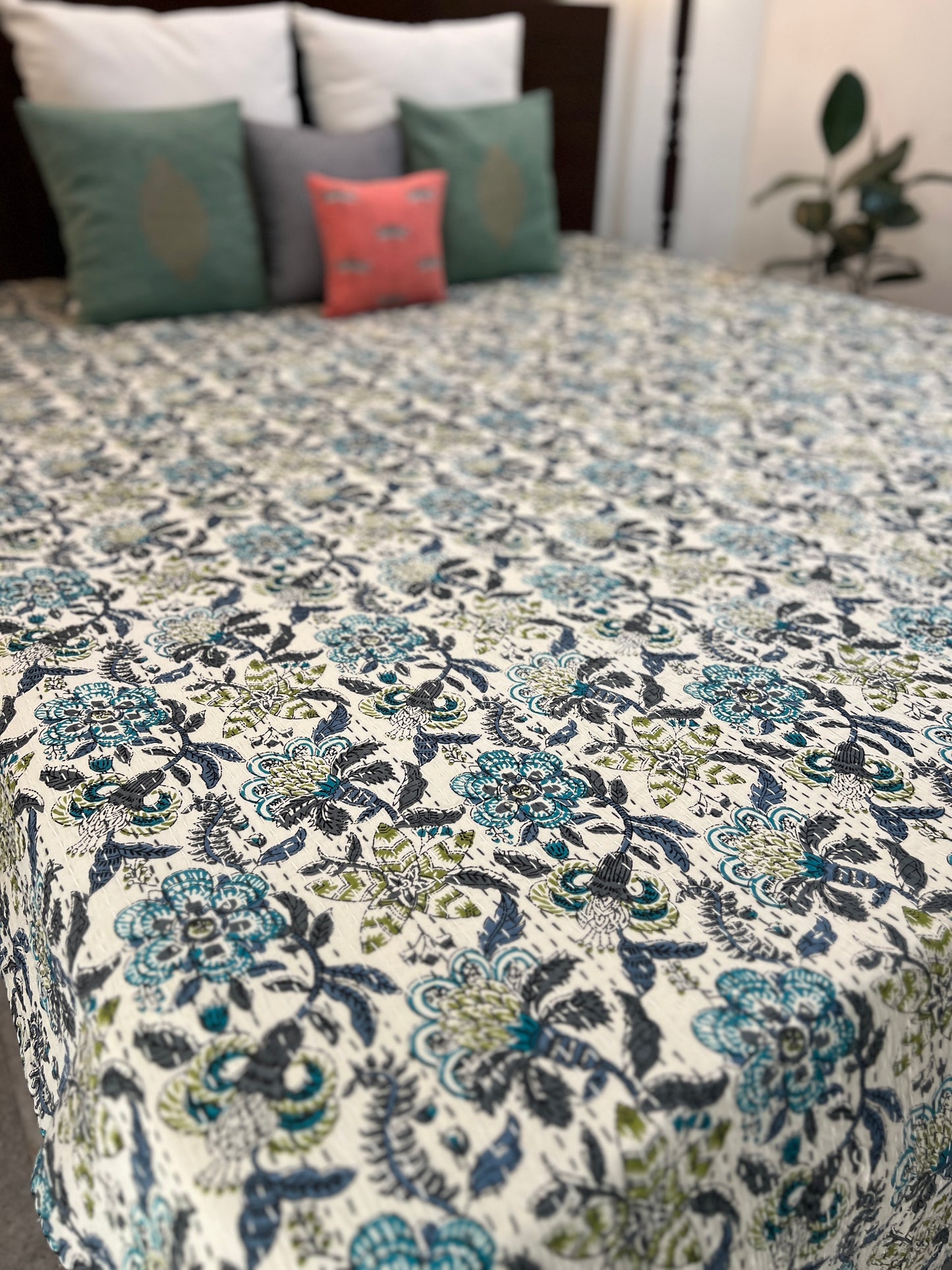 Kantha Bedcover | King Size | 90*108 Inches | Floral Symphony