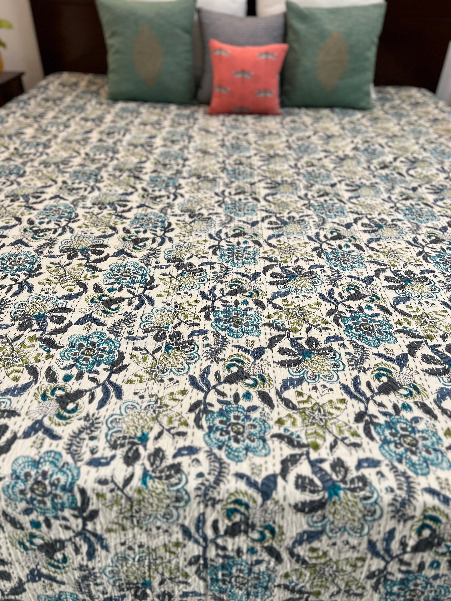 Kantha Bedcover | King Size | 90*108 Inches | Floral Symphony