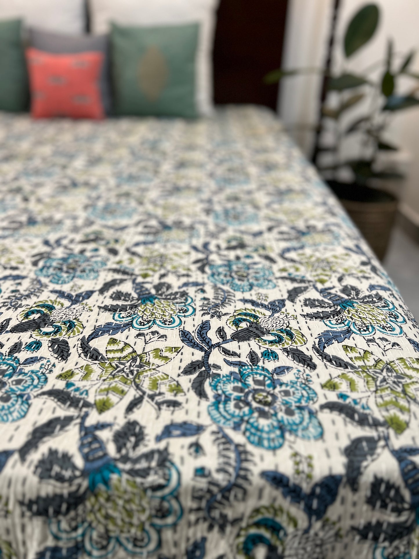 Kantha Bedcover | King Size | 90*108 Inches | Floral Symphony
