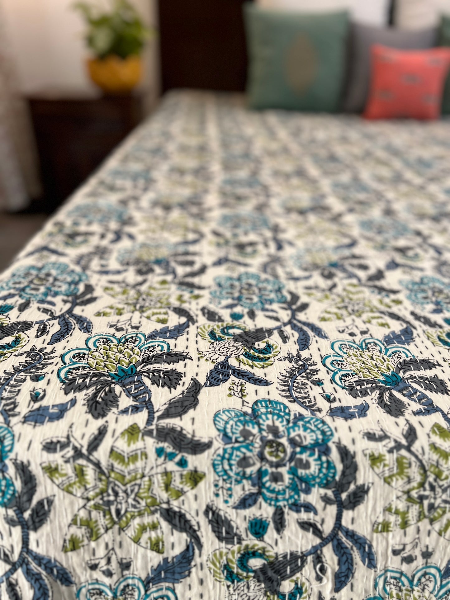 Kantha Bedcover | King Size | 90*108 Inches | Floral Symphony