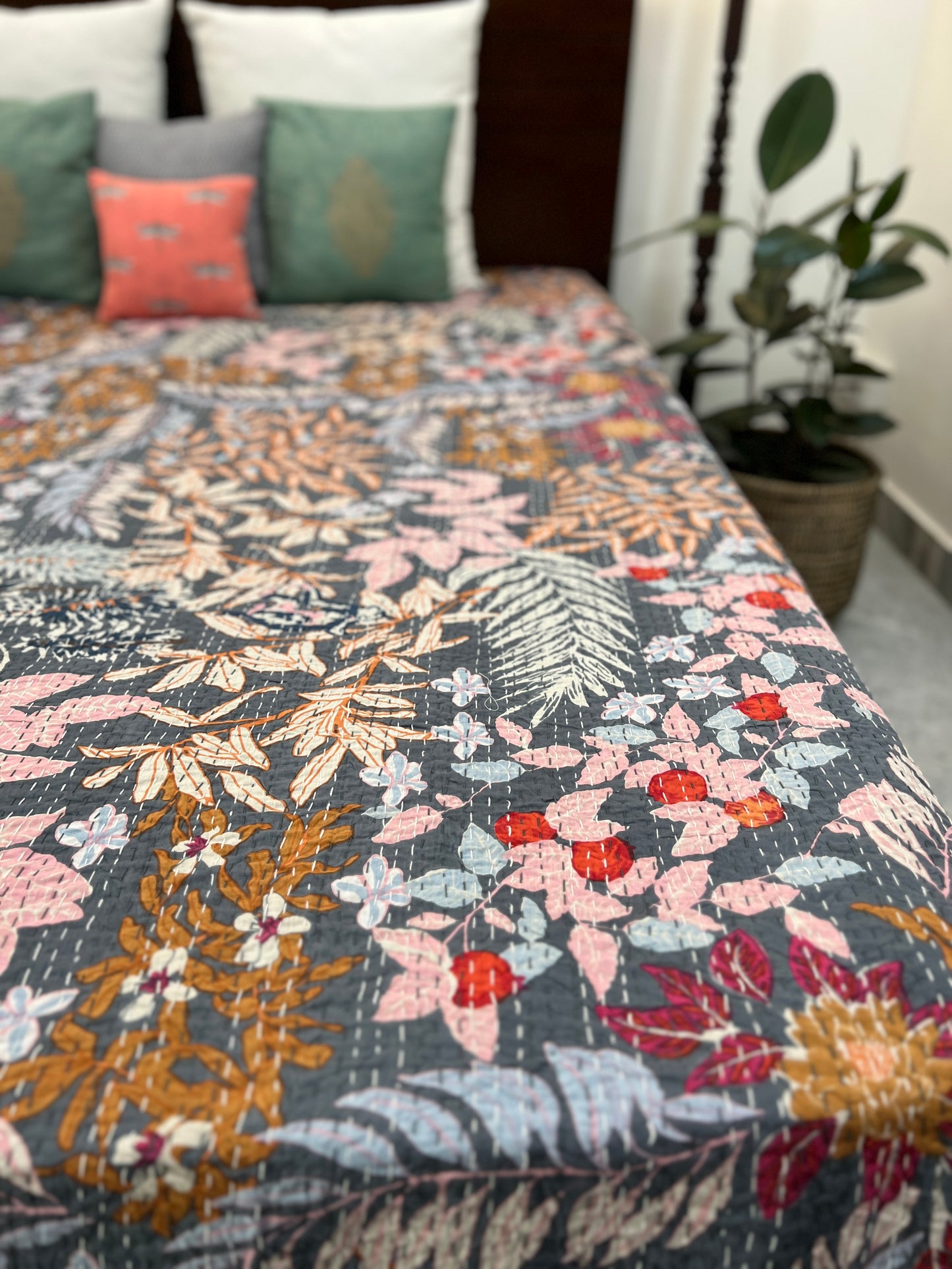 Kantha Bedcover | King Size | 90*108 Inches | Tropical Paradise