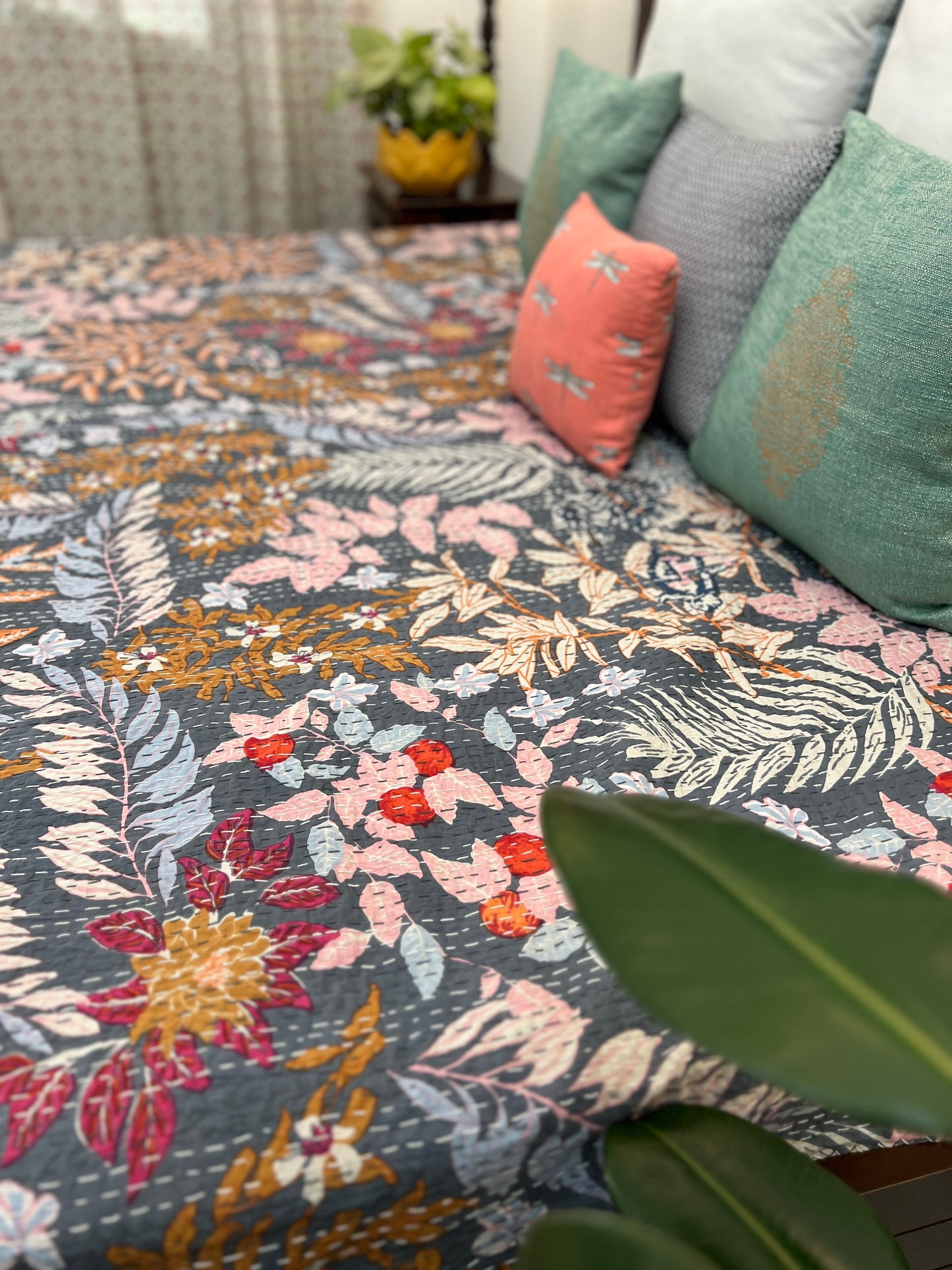 Kantha Bedcover | King Size | 90*108 Inches | Tropical Paradise