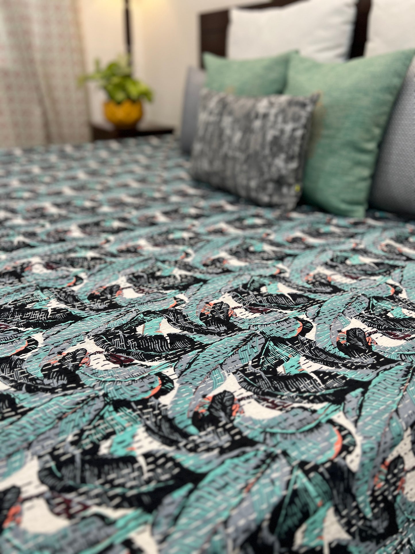 Kantha Bedcover | King Size | 90*108 Inches | Tropical Garden