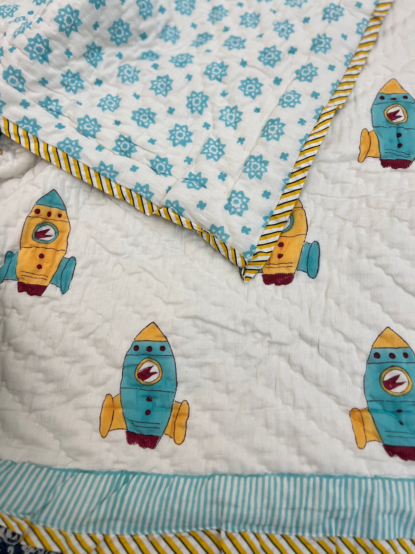 Reversible Hand Block Baby Quilt | 40*60 Inches | Fly High