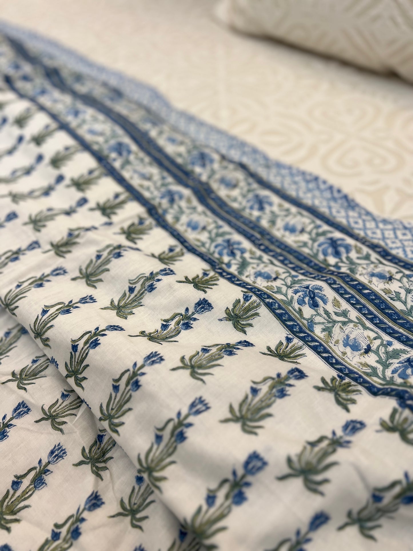 Reversible Hand Block Dohar | King Size | 90*108 Inches | Blue Booti Jaal