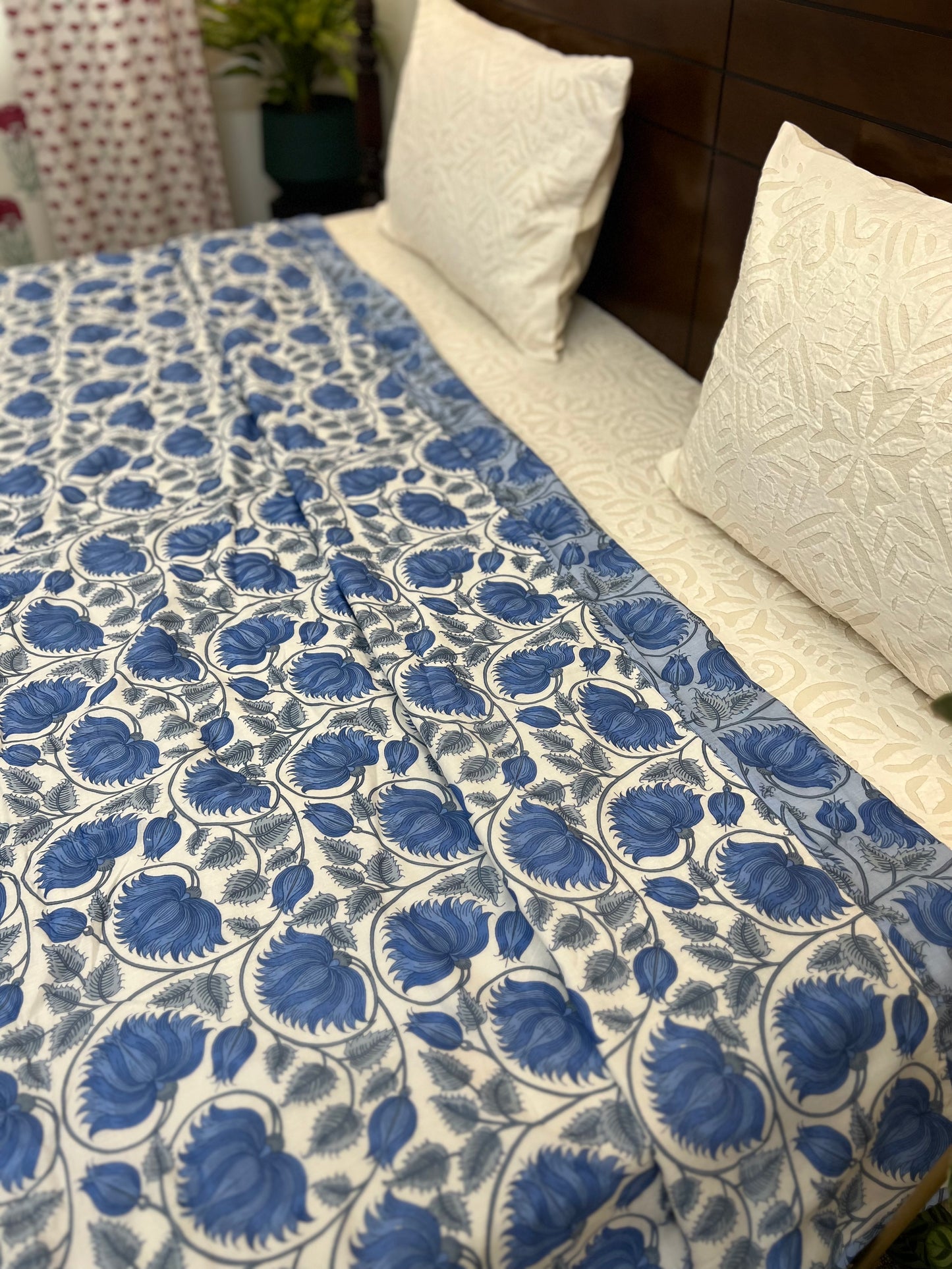 Reversible Hand Print Dohar | King Size | 90*108 Inches | Blue FLoral Jaal