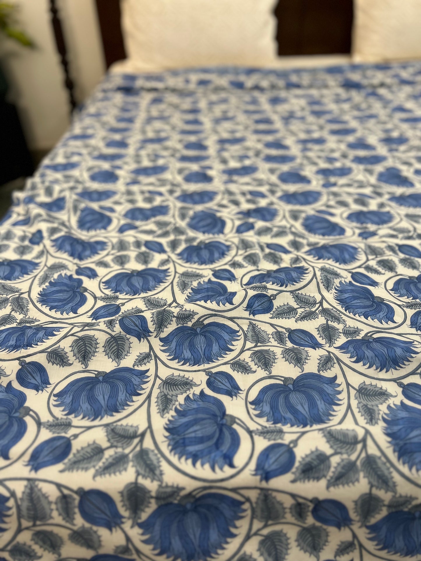 Reversible Hand Print Dohar | King Size | 90*108 Inches | Blue FLoral Jaal
