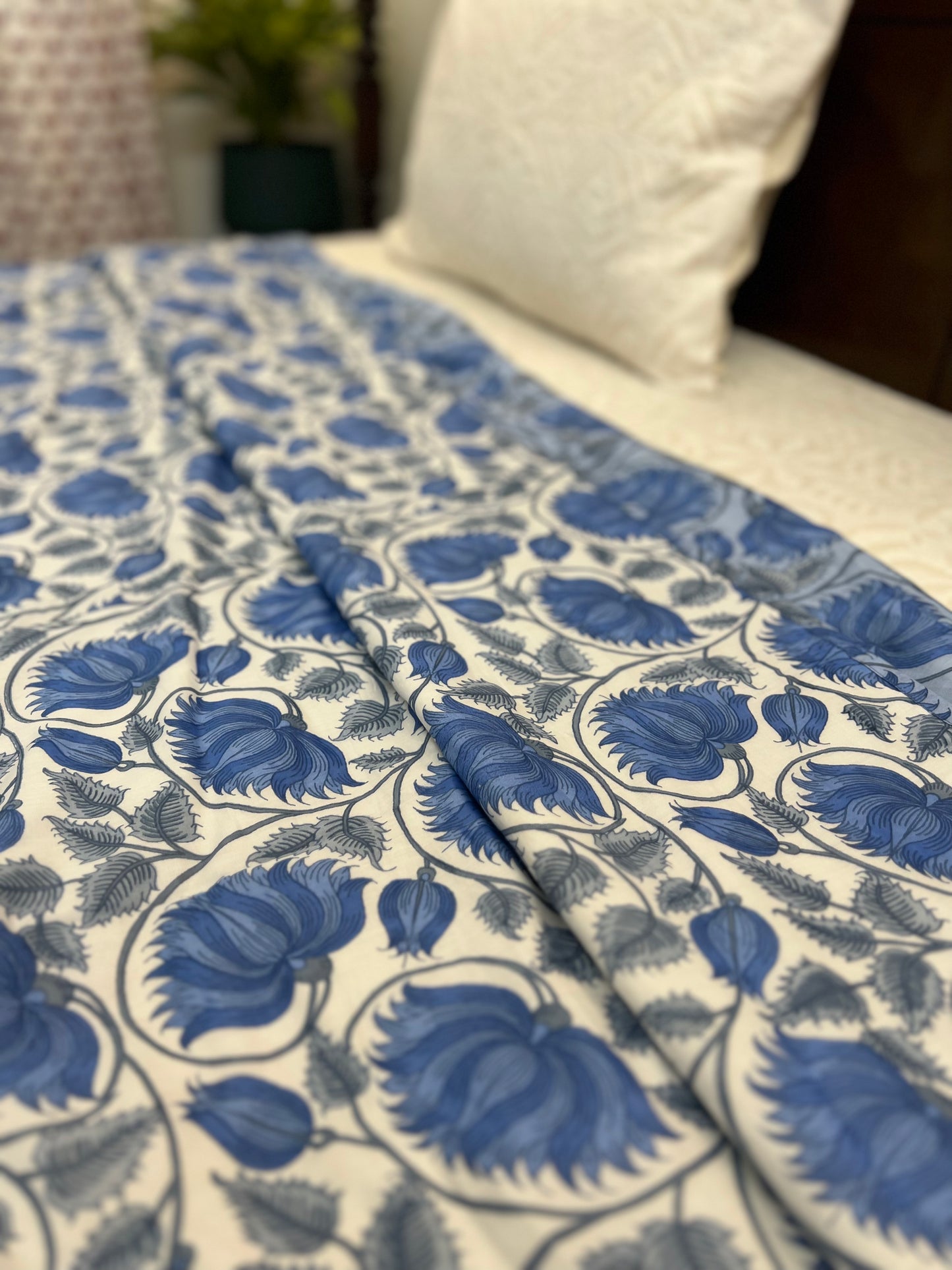 Reversible Hand Print Dohar | King Size | 90*108 Inches | Blue FLoral Jaal