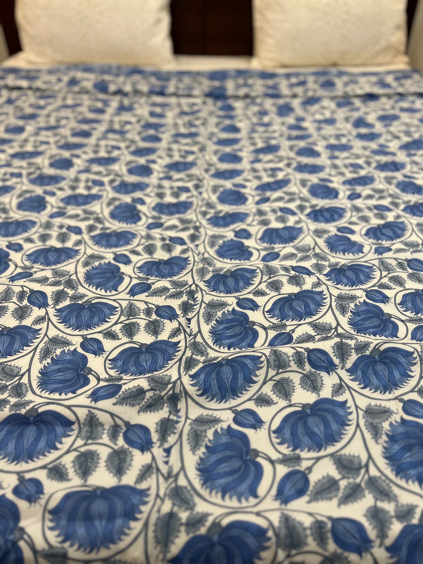 Reversible Hand Print Dohar | King Size | 90*108 Inches | Blue FLoral Jaal