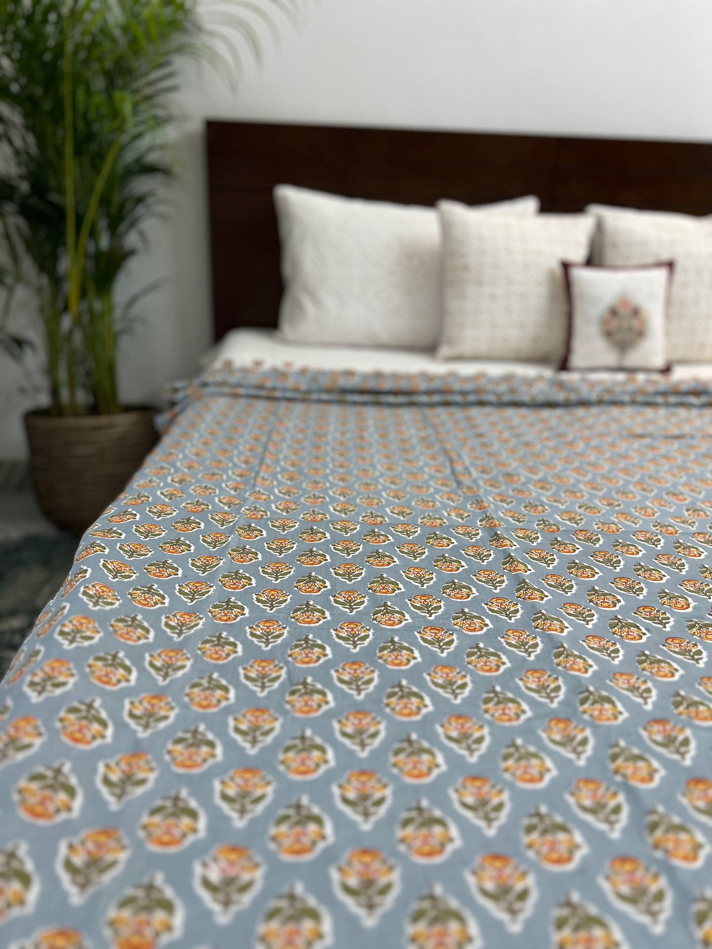 Reversible Hand Print Dohar | King Size | 90*108 Inches | Grey Booti