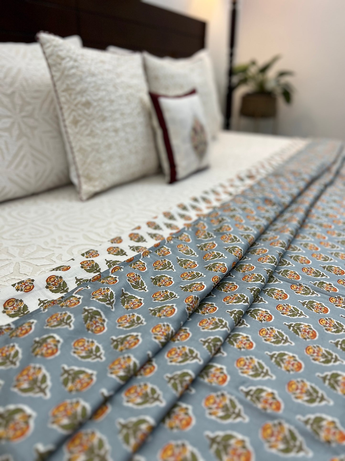 Reversible Hand Print Dohar | King Size | 90*108 Inches | Grey Booti