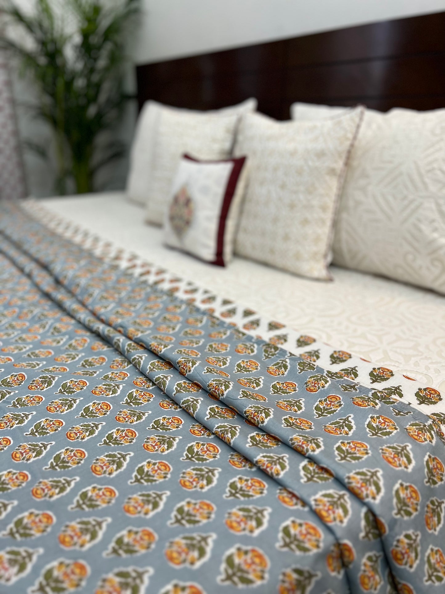 Reversible Hand Print Dohar | King Size | 90*108 Inches | Grey Booti