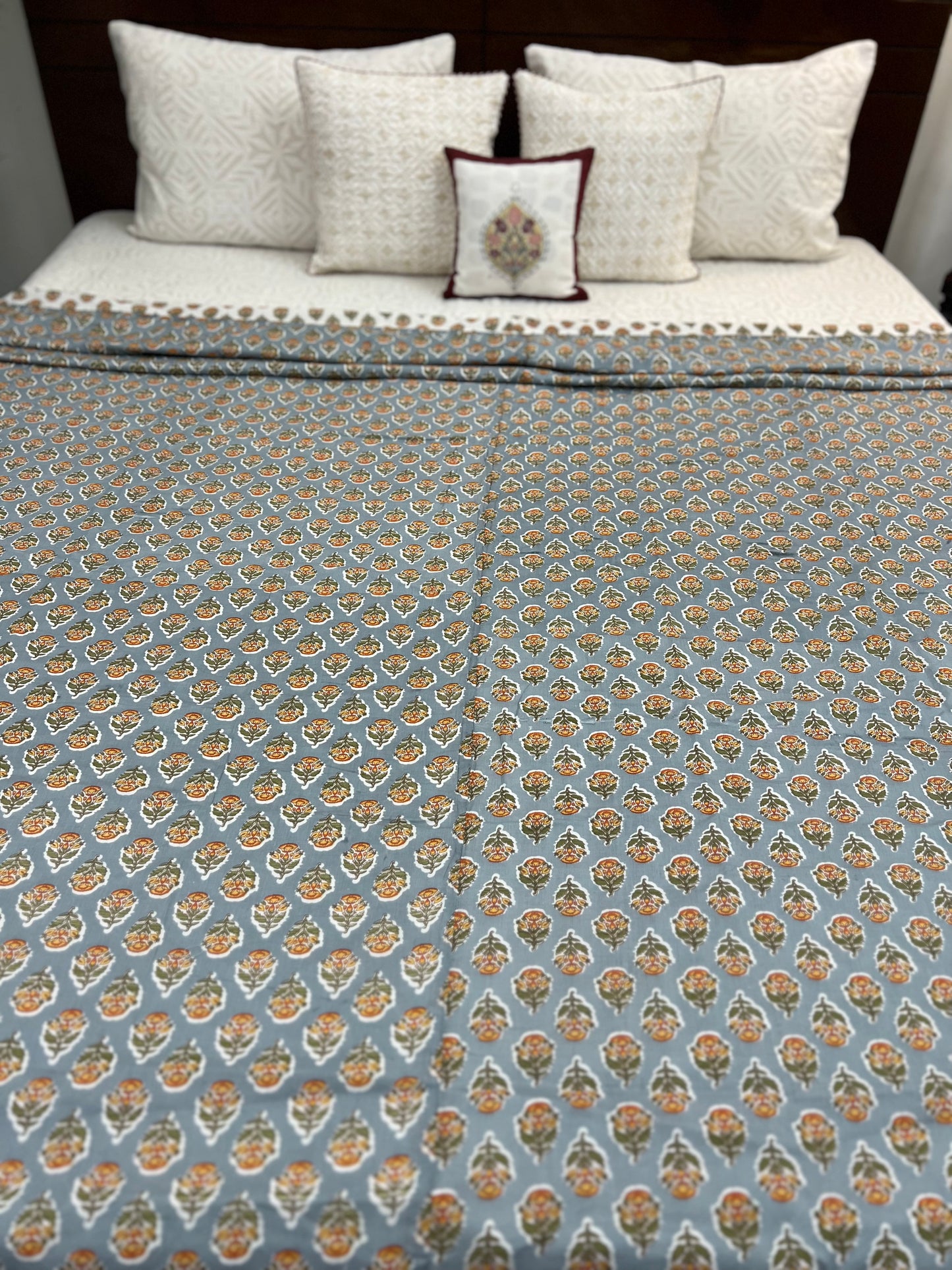 Reversible Hand Print Dohar | King Size | 90*108 Inches | Grey Booti