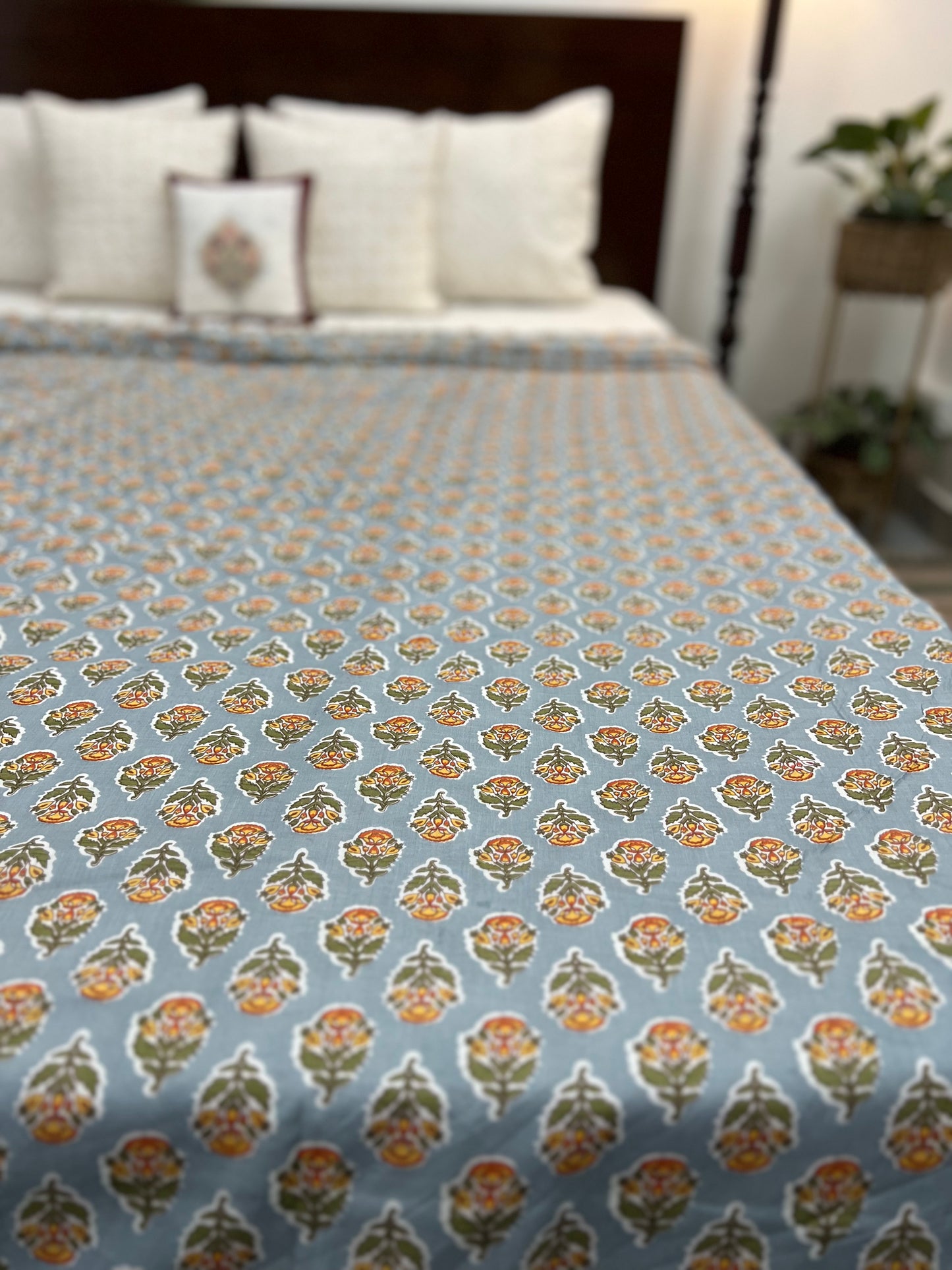 Reversible Hand Print Dohar | King Size | 90*108 Inches | Grey Booti