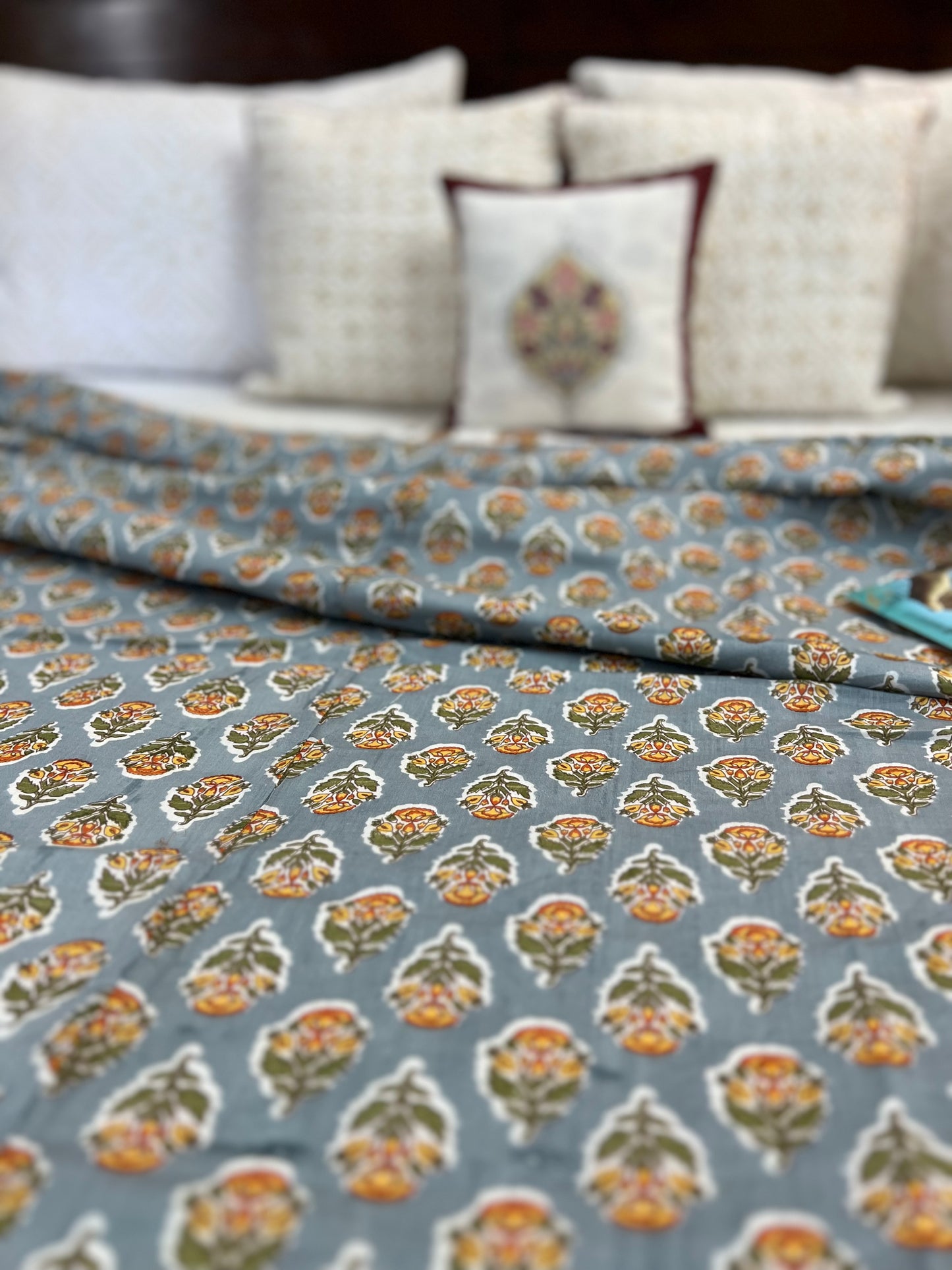 Reversible Hand Print Dohar | King Size | 90*108 Inches | Grey Booti