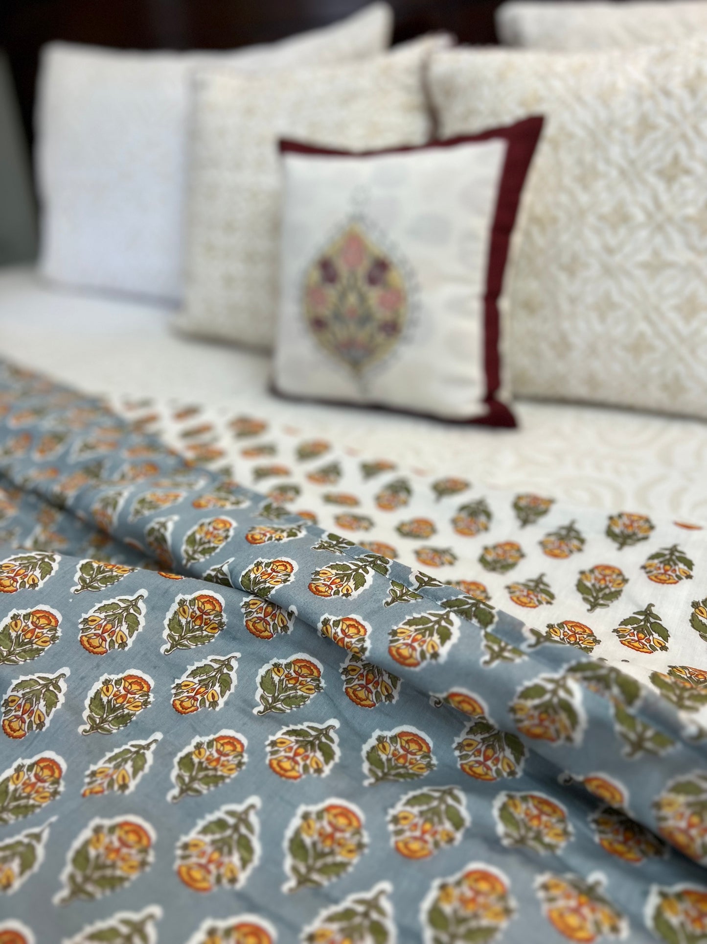 Reversible Hand Print Dohar | King Size | 90*108 Inches | Grey Booti