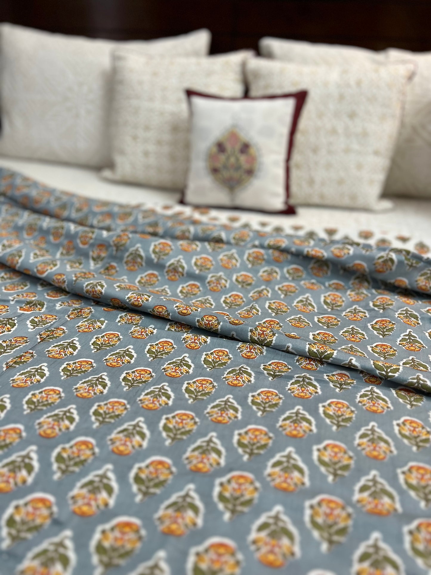 Reversible Hand Print Dohar | King Size | 90*108 Inches | Grey Booti