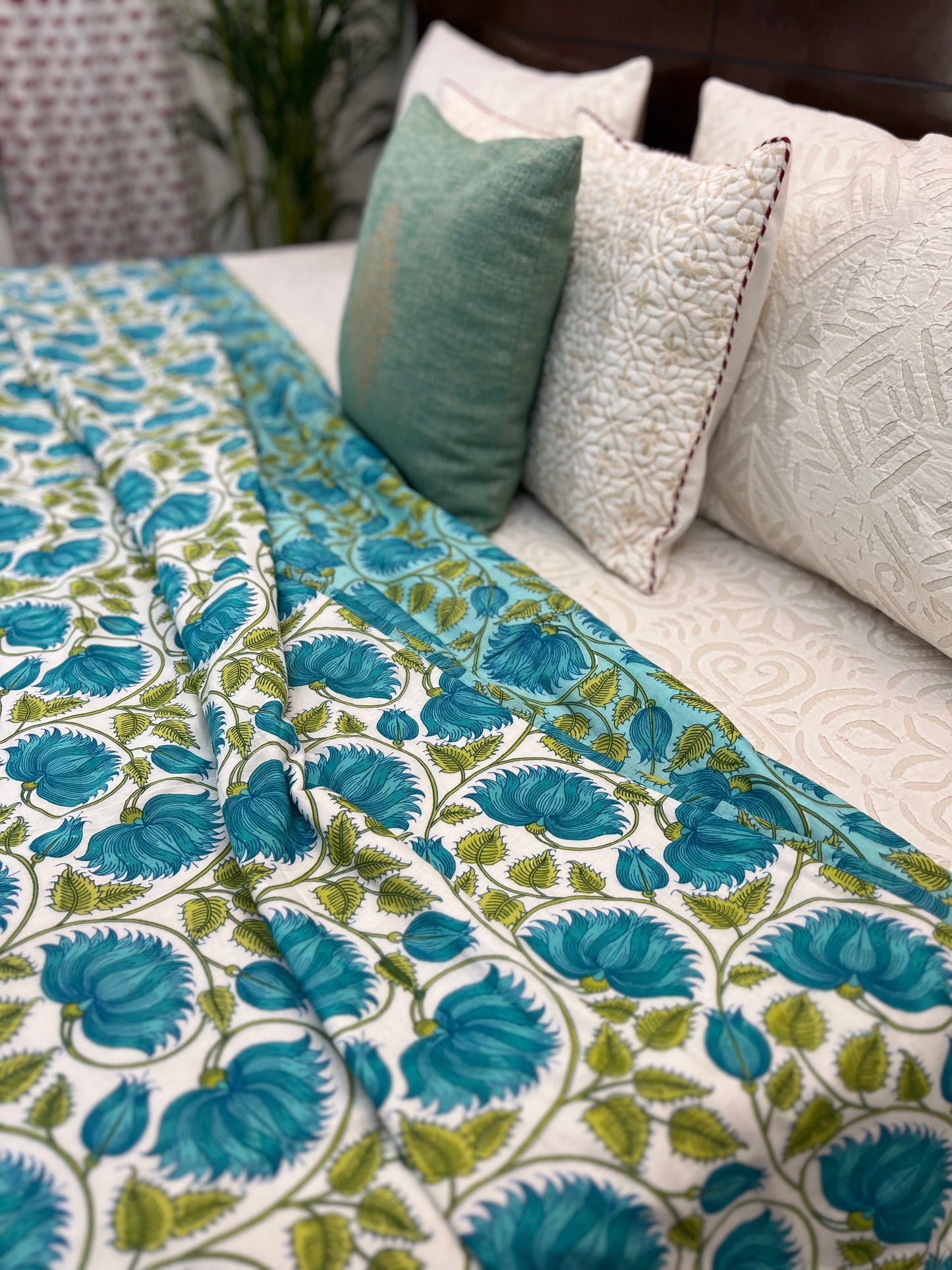 Reversible Hand Print Dohar | King Size | 90*108 Inches | Green Floral Jaal