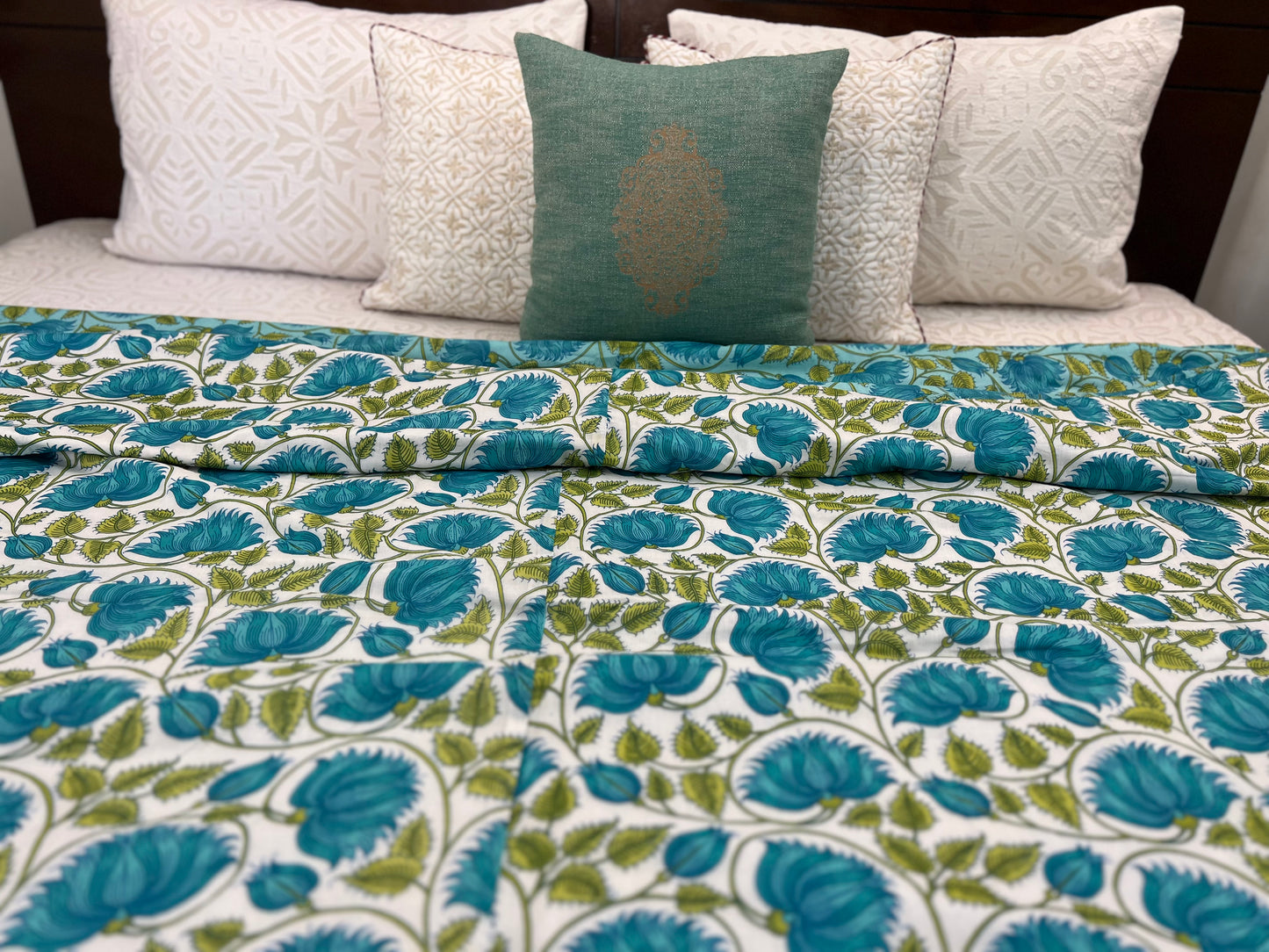 Reversible Hand Print Dohar | King Size | 90*108 Inches | Green Floral Jaal