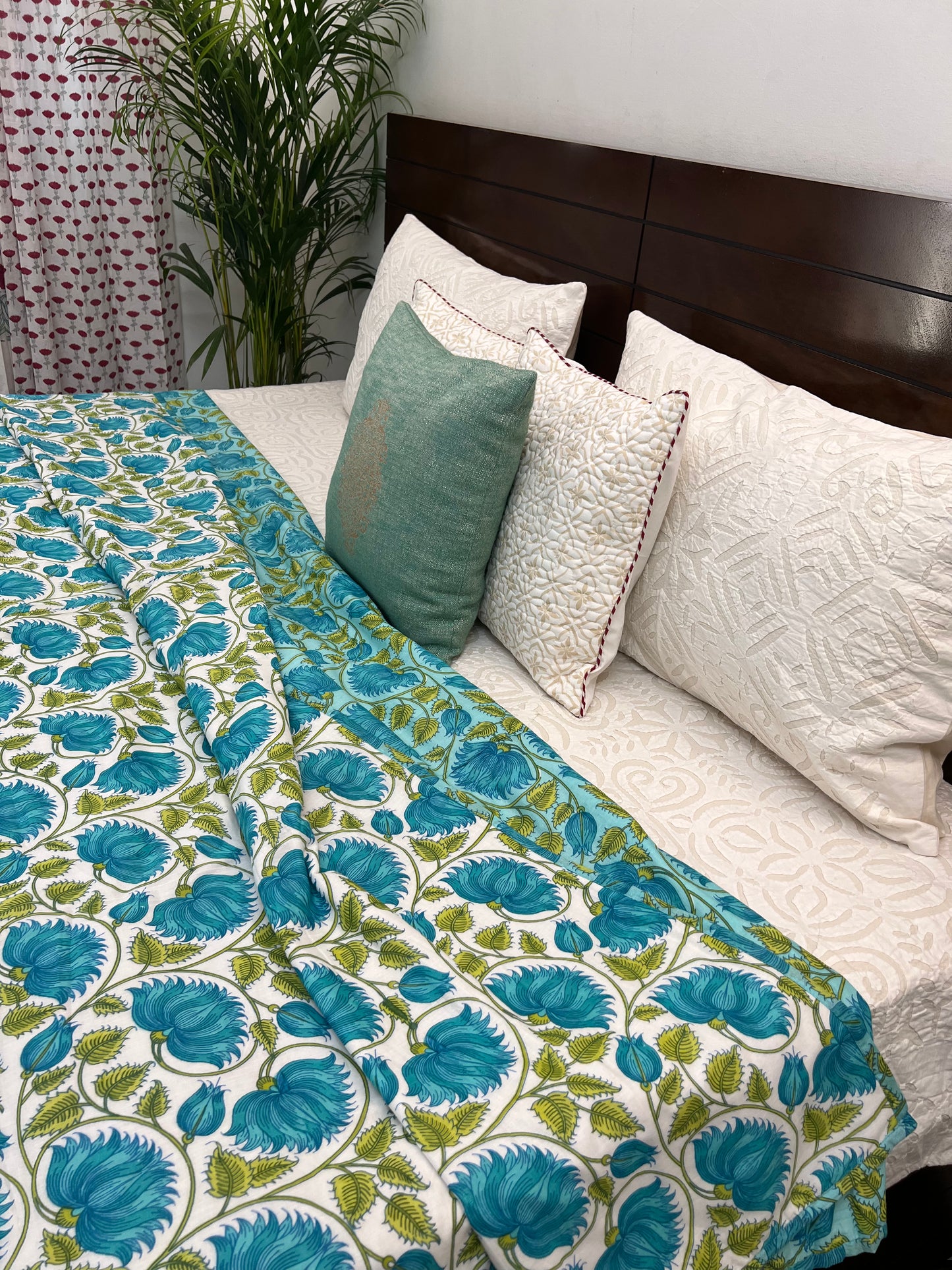 Reversible Hand Print Dohar | King Size | 90*108 Inches | Green Floral Jaal