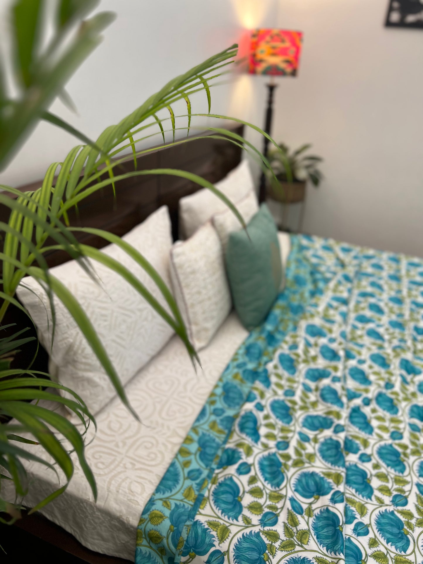 Reversible Hand Print Dohar | King Size | 90*108 Inches | Green Floral Jaal