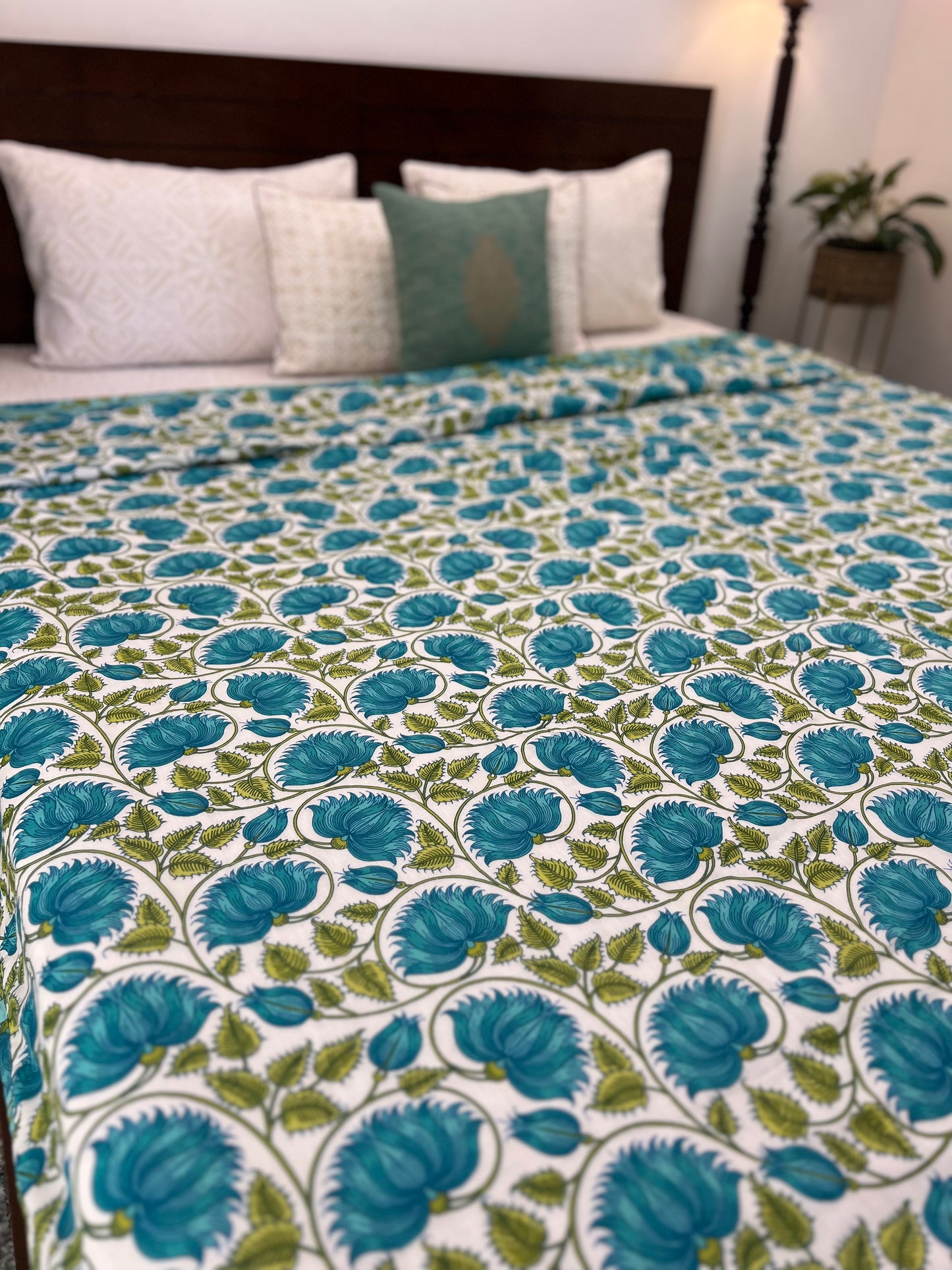 Reversible Hand Print Dohar | King Size | 90*108 Inches | Green Floral Jaal