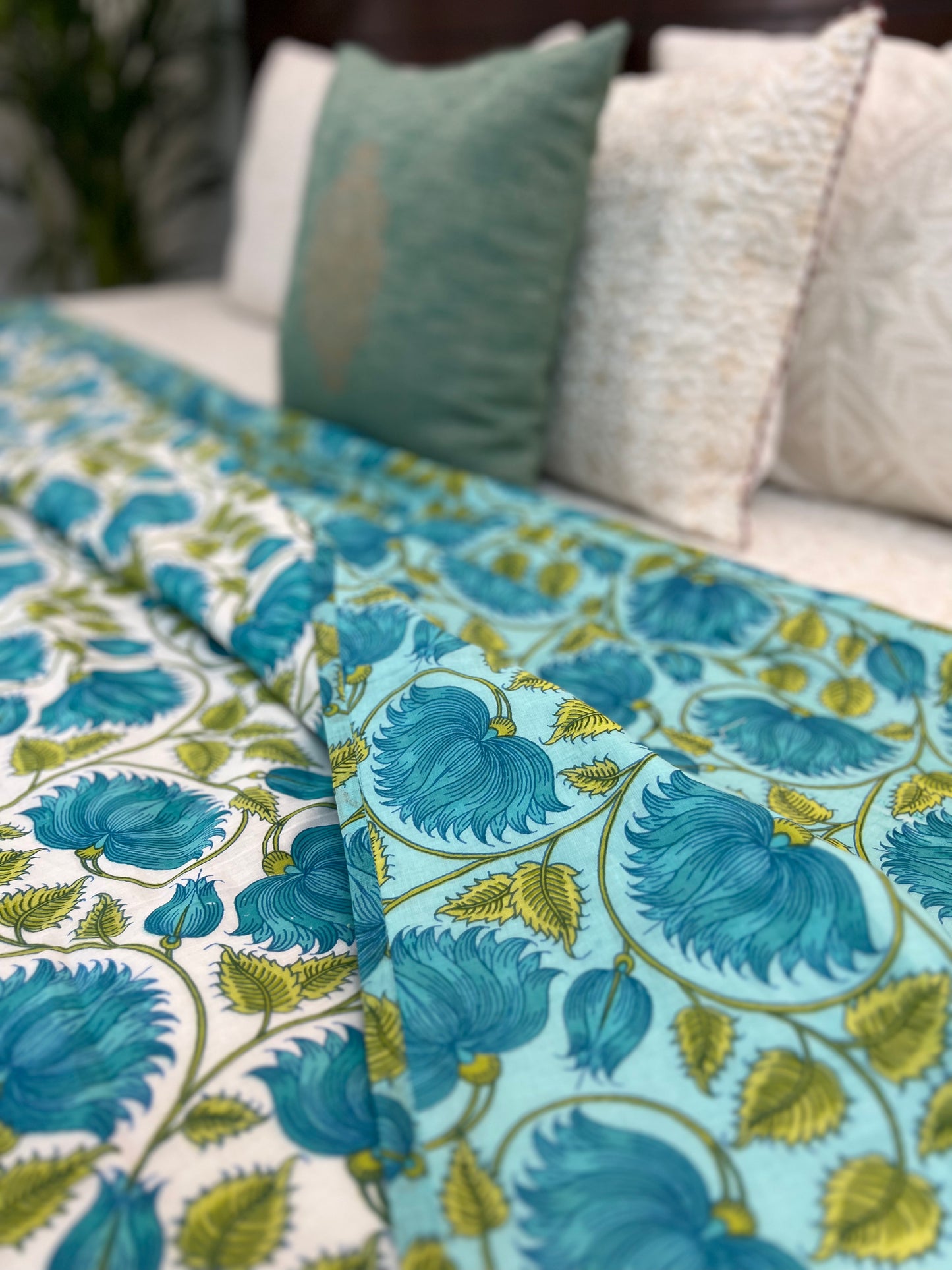 Reversible Hand Print Dohar | King Size | 90*108 Inches | Green Floral Jaal