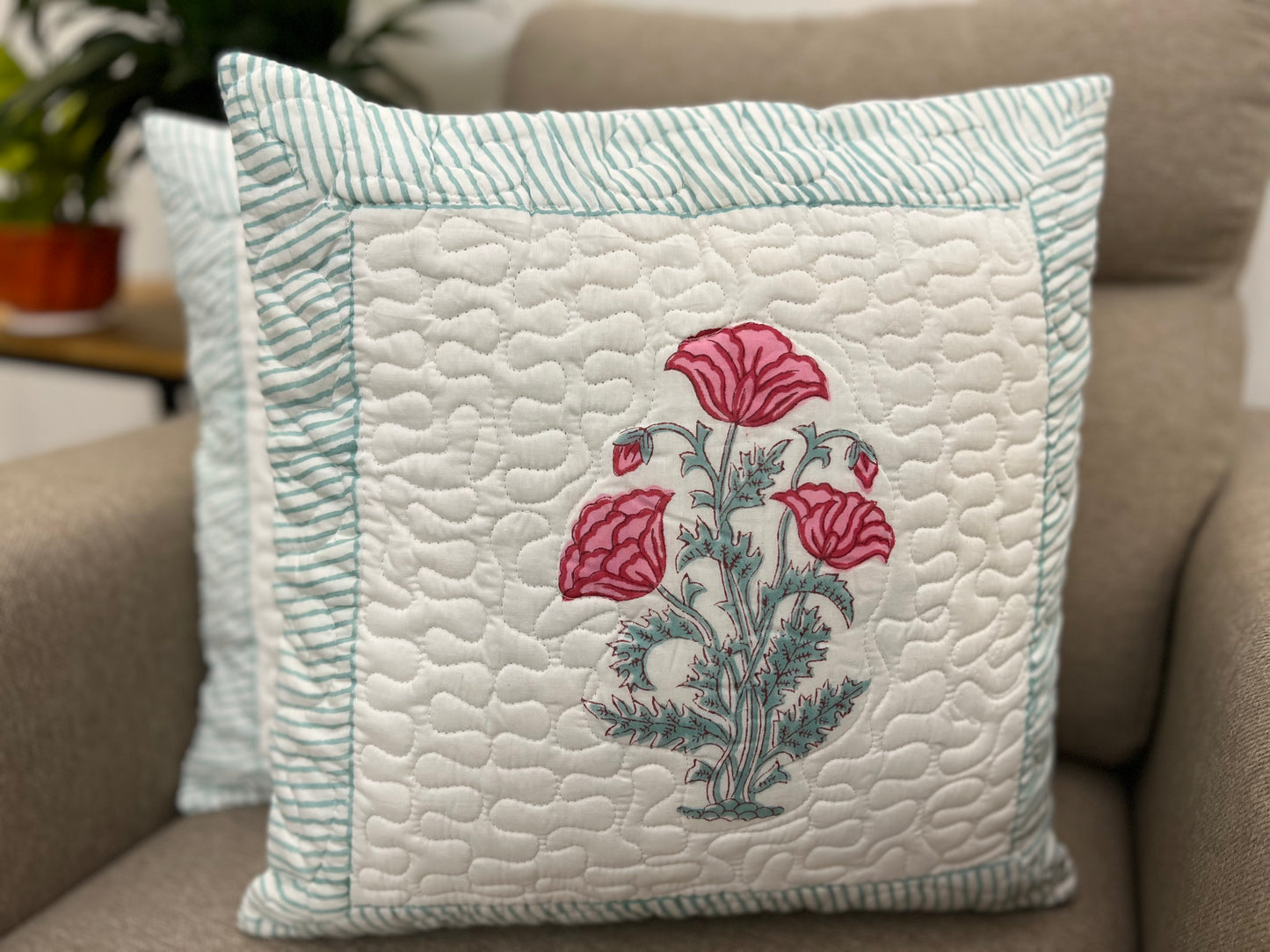 Pair | Quilted Cushion Cover | 16*16 Inches | Aaftab | Pink & Blue