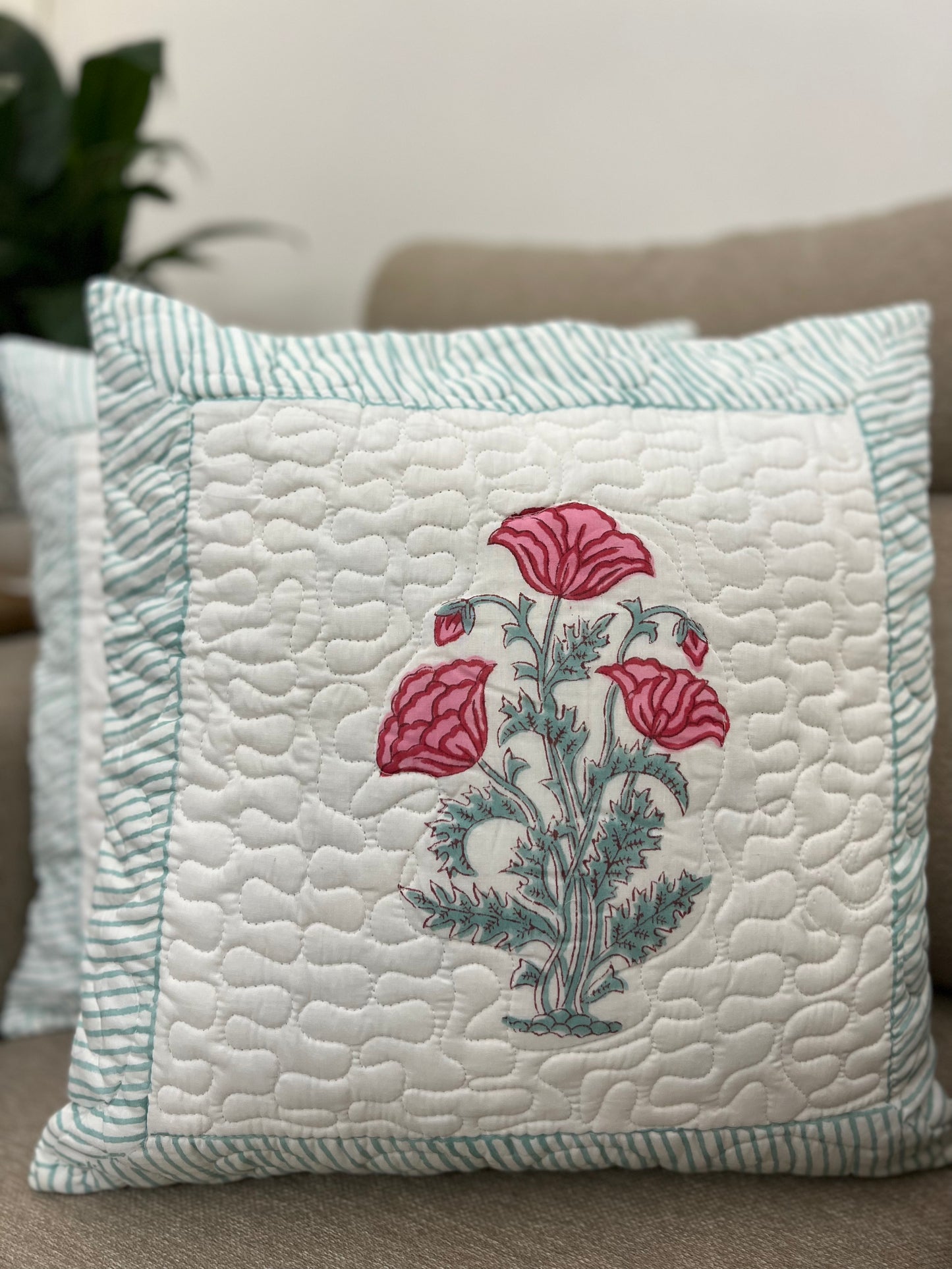 Pair | Quilted Cushion Cover | 16*16 Inches | Aaftab | Pink & Blue