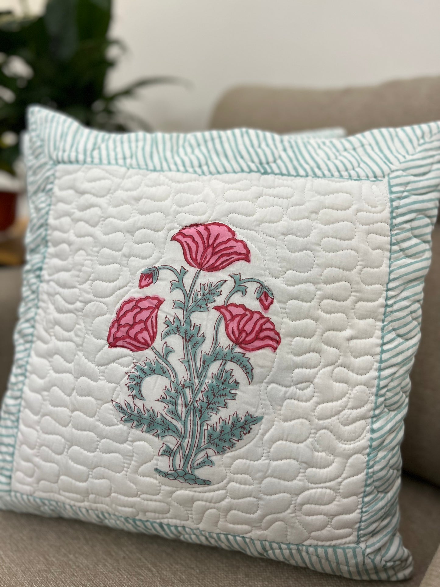 Pair | Quilted Cushion Cover | 16*16 Inches | Aaftab | Pink & Blue