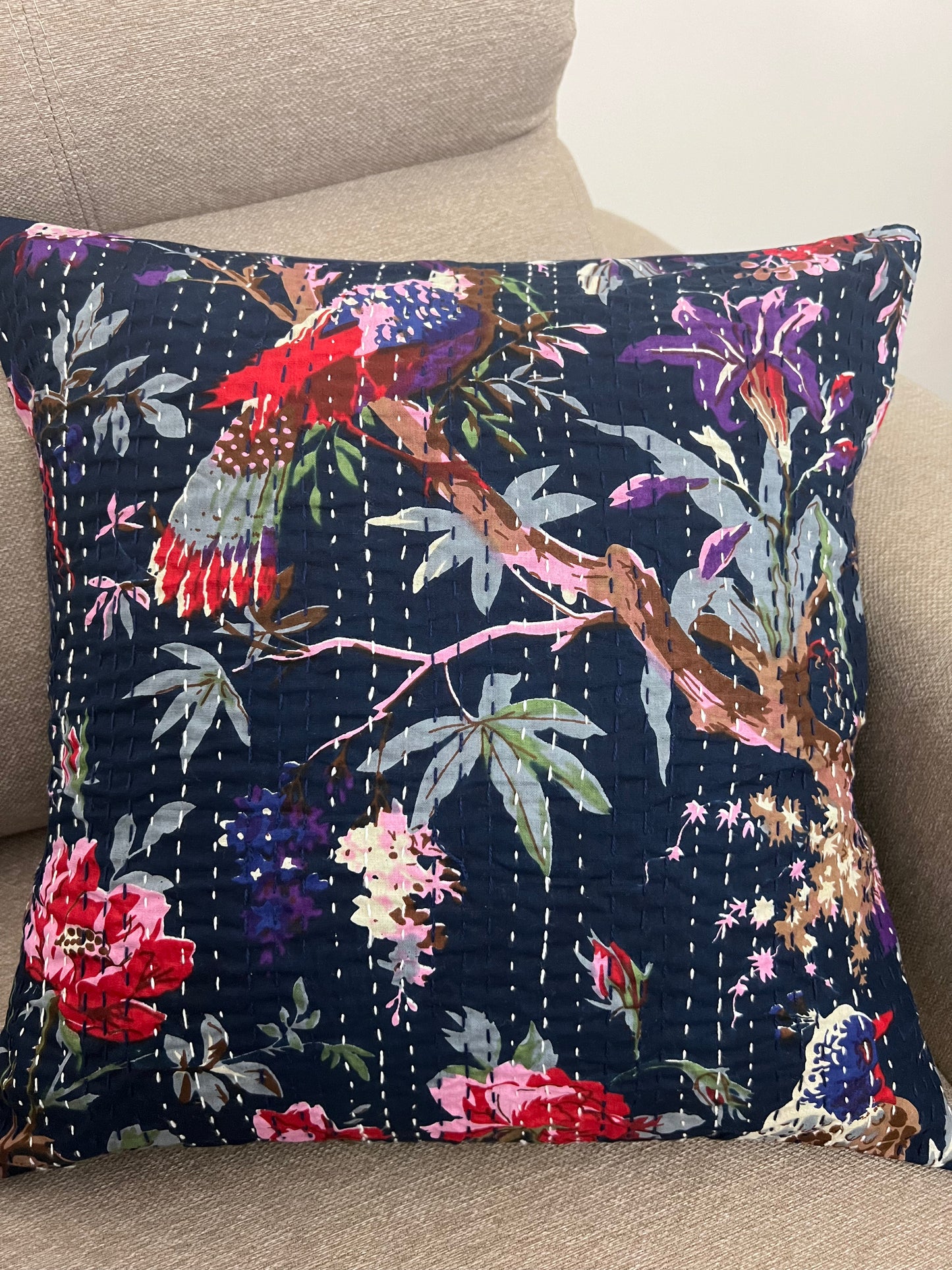 Kantha Cushion Cover | 16*16 Inches | Legends of Sparrow - Blue