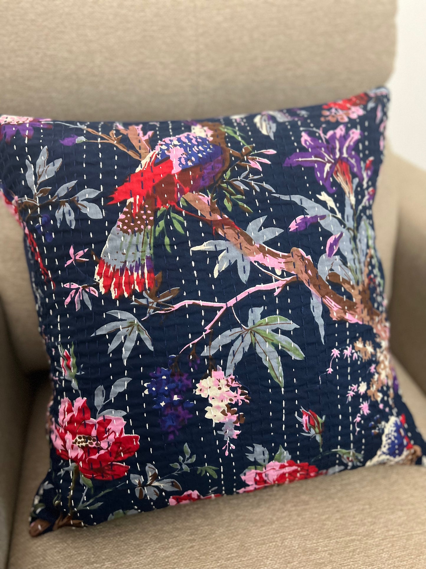 Kantha Cushion Cover | 16*16 Inches | Legends of Sparrow - Blue