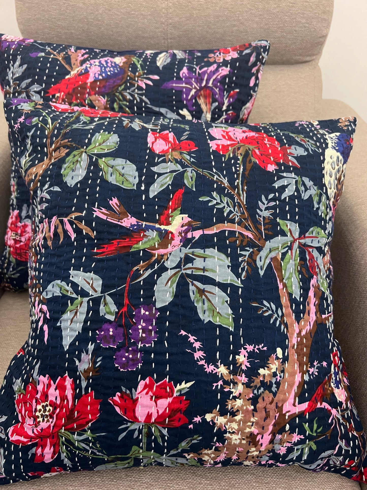 Kantha Cushion Cover | 16*16 Inches | Legends of Sparrow - Blue