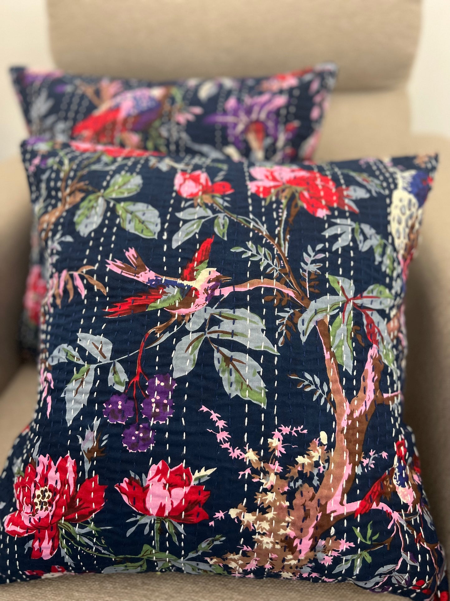 Kantha Cushion Cover | 16*16 Inches | Legends of Sparrow - Blue