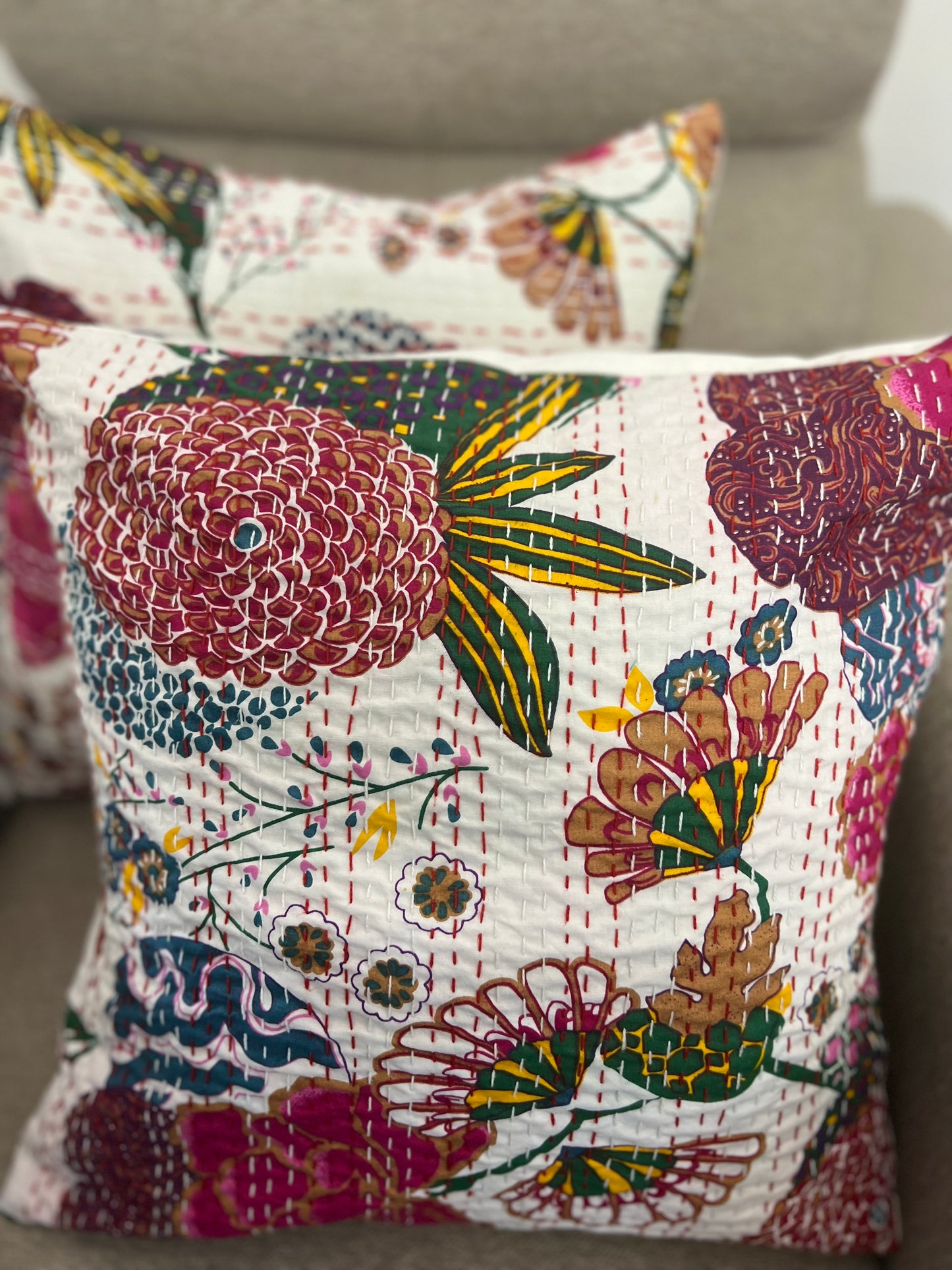 Kantha Cushion Cover  | 16*16 Inches | White-Pink Flowers