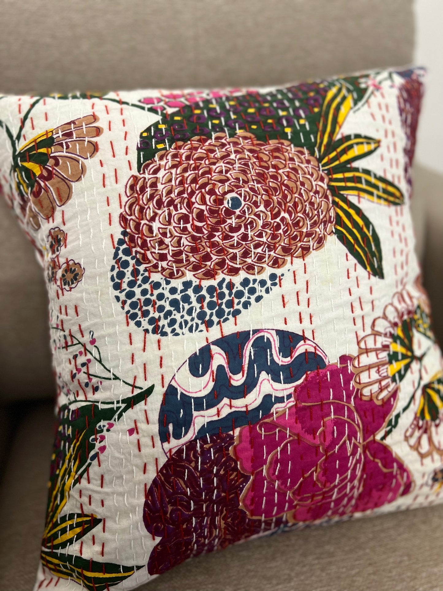 Kantha Cushion Cover  | 16*16 Inches | White-Pink Flowers