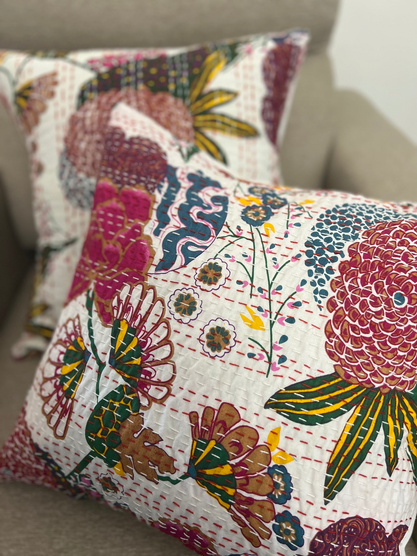 Kantha Cushion Cover  | 16*16 Inches | White-Pink Flowers