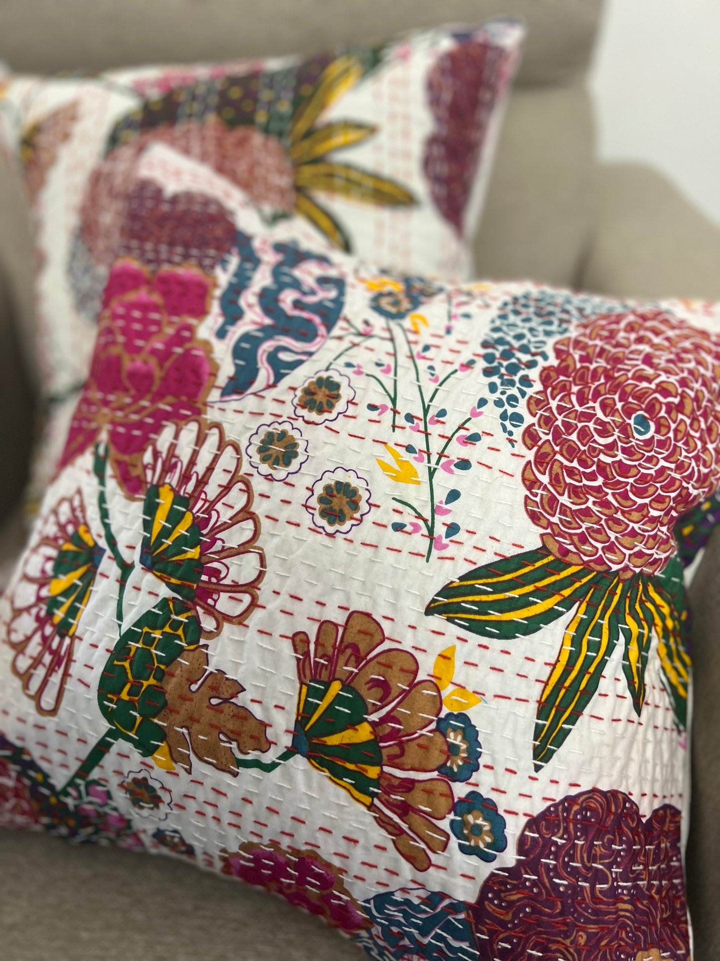 Kantha Cushion Cover  | 16*16 Inches | White-Pink Flowers