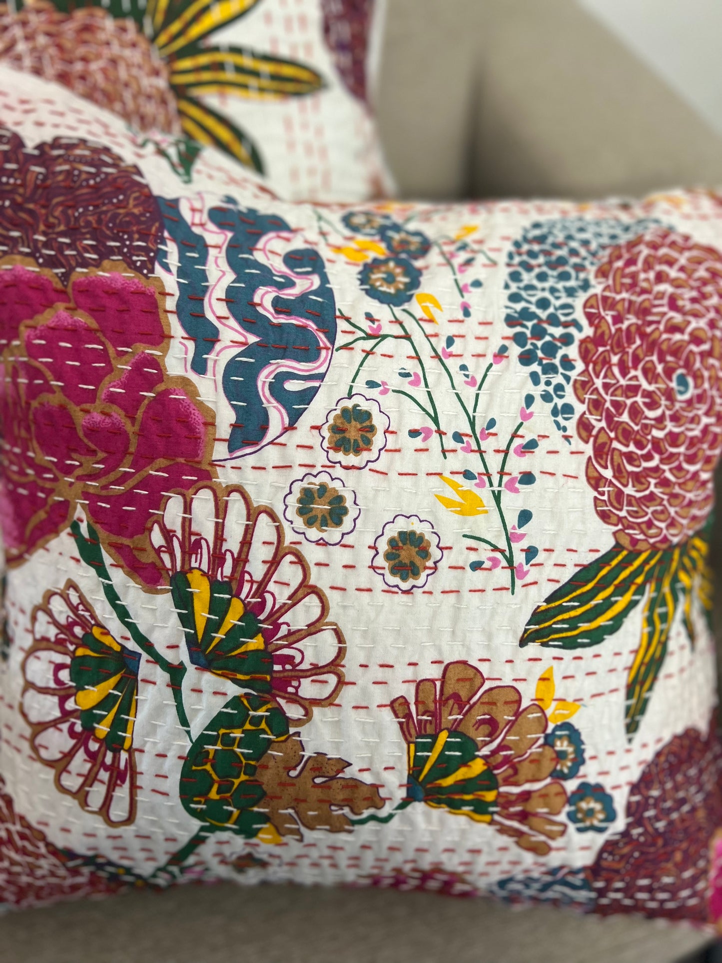 Kantha Cushion Cover  | 16*16 Inches | White-Pink Flowers