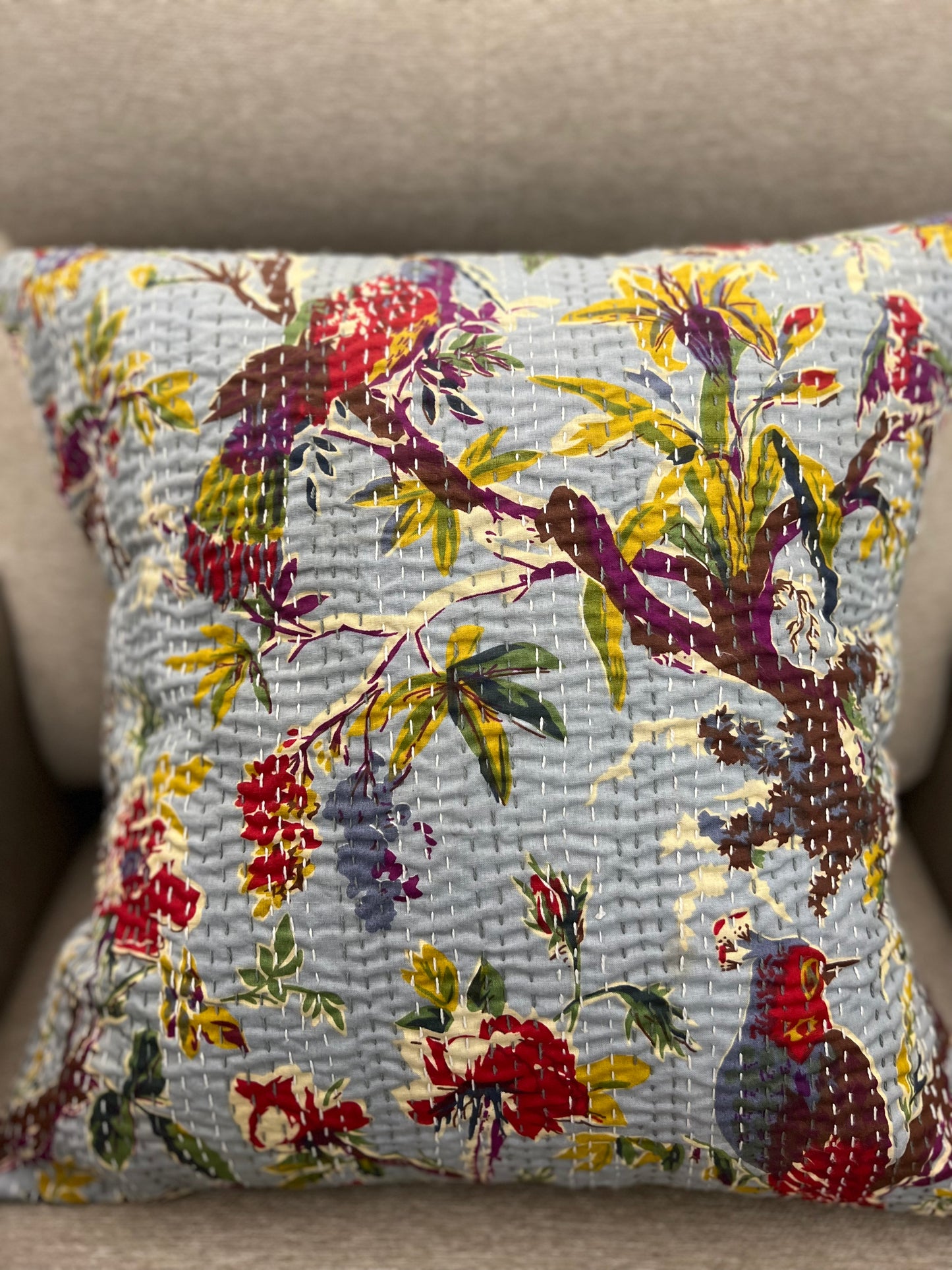 Kantha Cushion Cover | 16*16 Inches | Legends of Sparrow - Grey