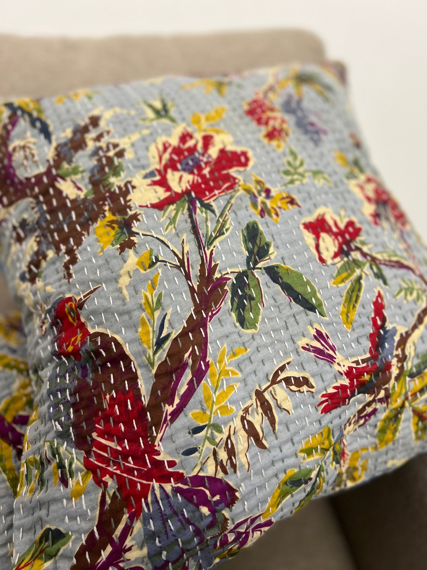 Kantha Cushion Cover | 16*16 Inches | Legends of Sparrow - Grey