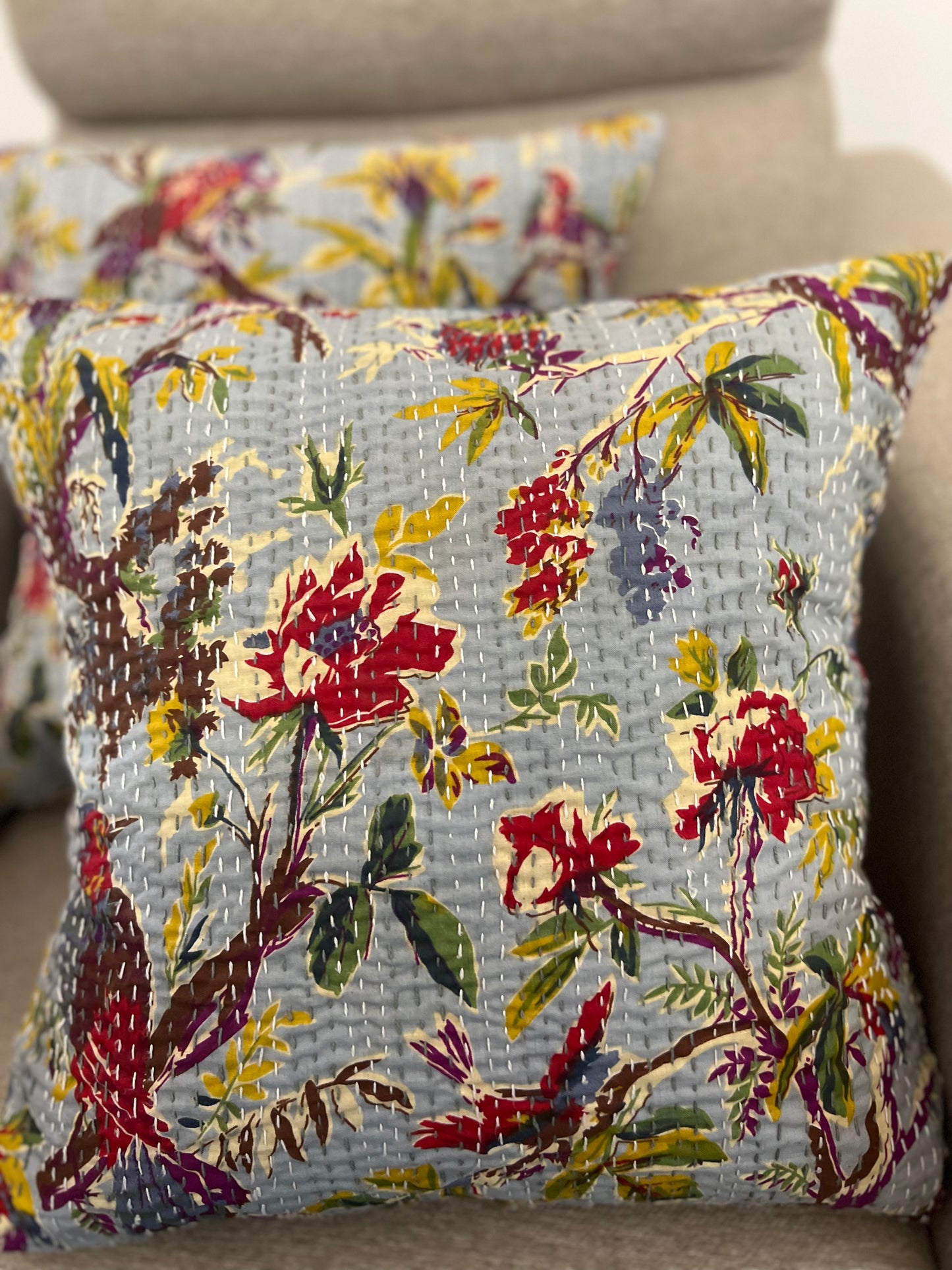 Kantha Cushion Cover | 16*16 Inches | Legends of Sparrow - Grey